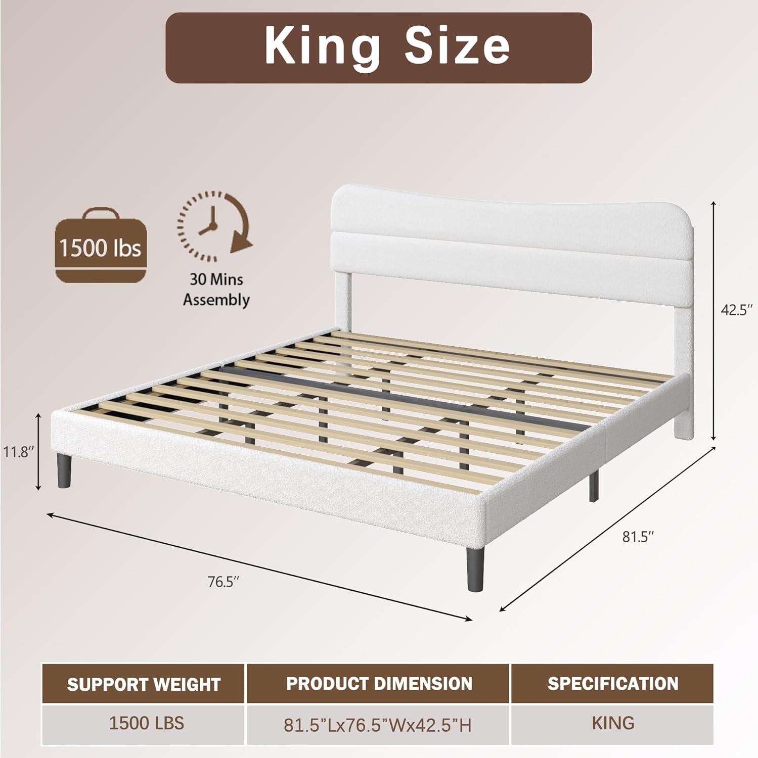 King Size Bed Frame Upholstered King Bed Frame and Headboard, Teddy Soft Boucle Fabric bedframe Soft Cloud Marshmallow Shape Upholstered Headboard