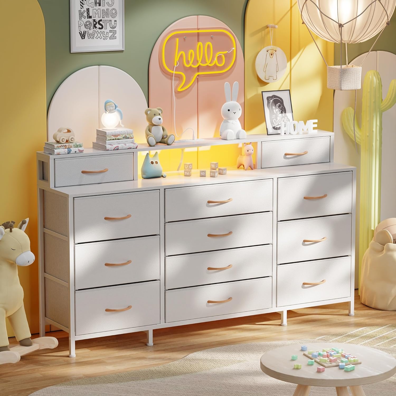Furnulem 63" Dresser with LED & Outlets – 12 Drawers & 2 Shelves