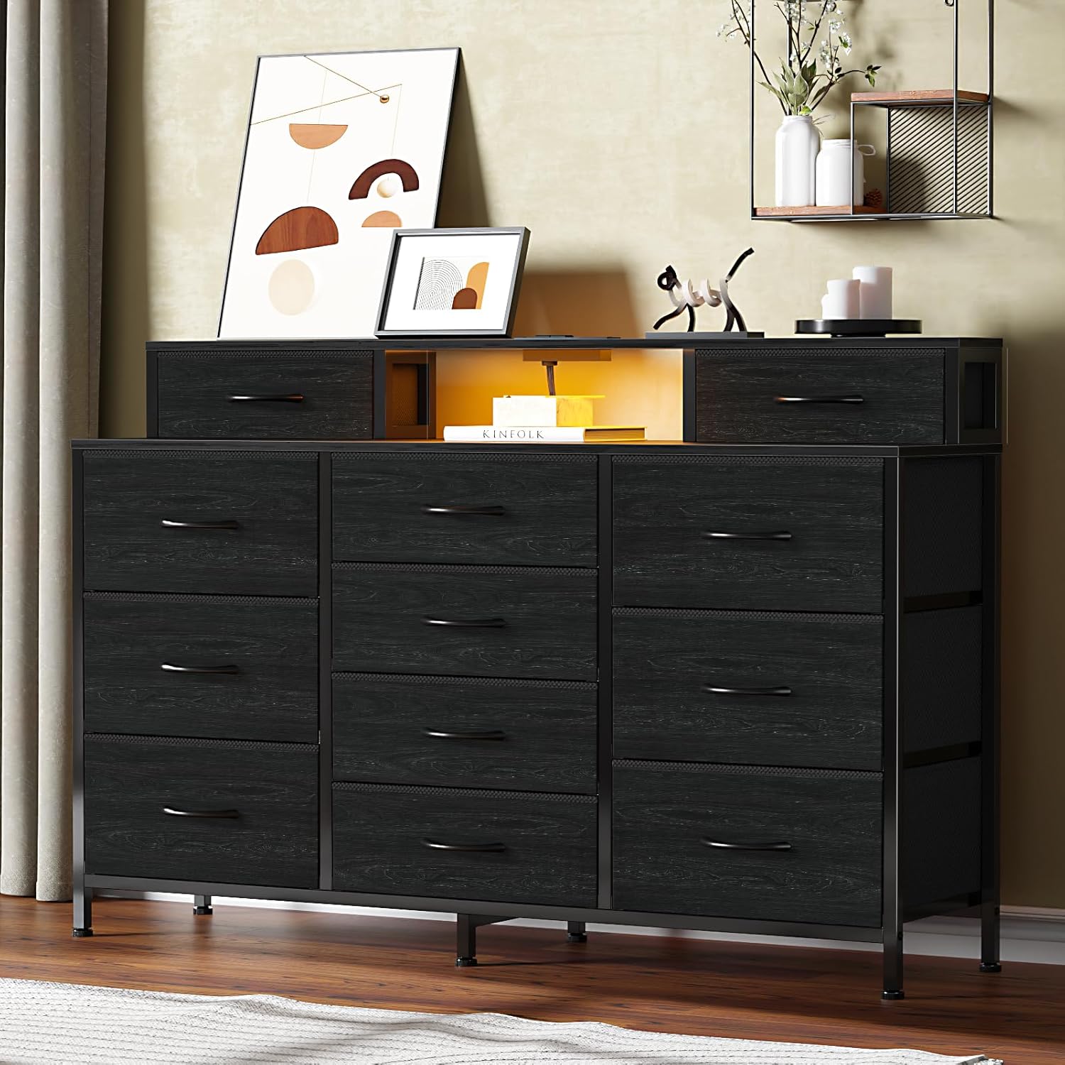 Furnulem 55" W Dresser for Bedroom with LED Lights and Power Outlets Black Large 12 Storage Drawers Long Fabric Chests Dressers with 2 Shelves
