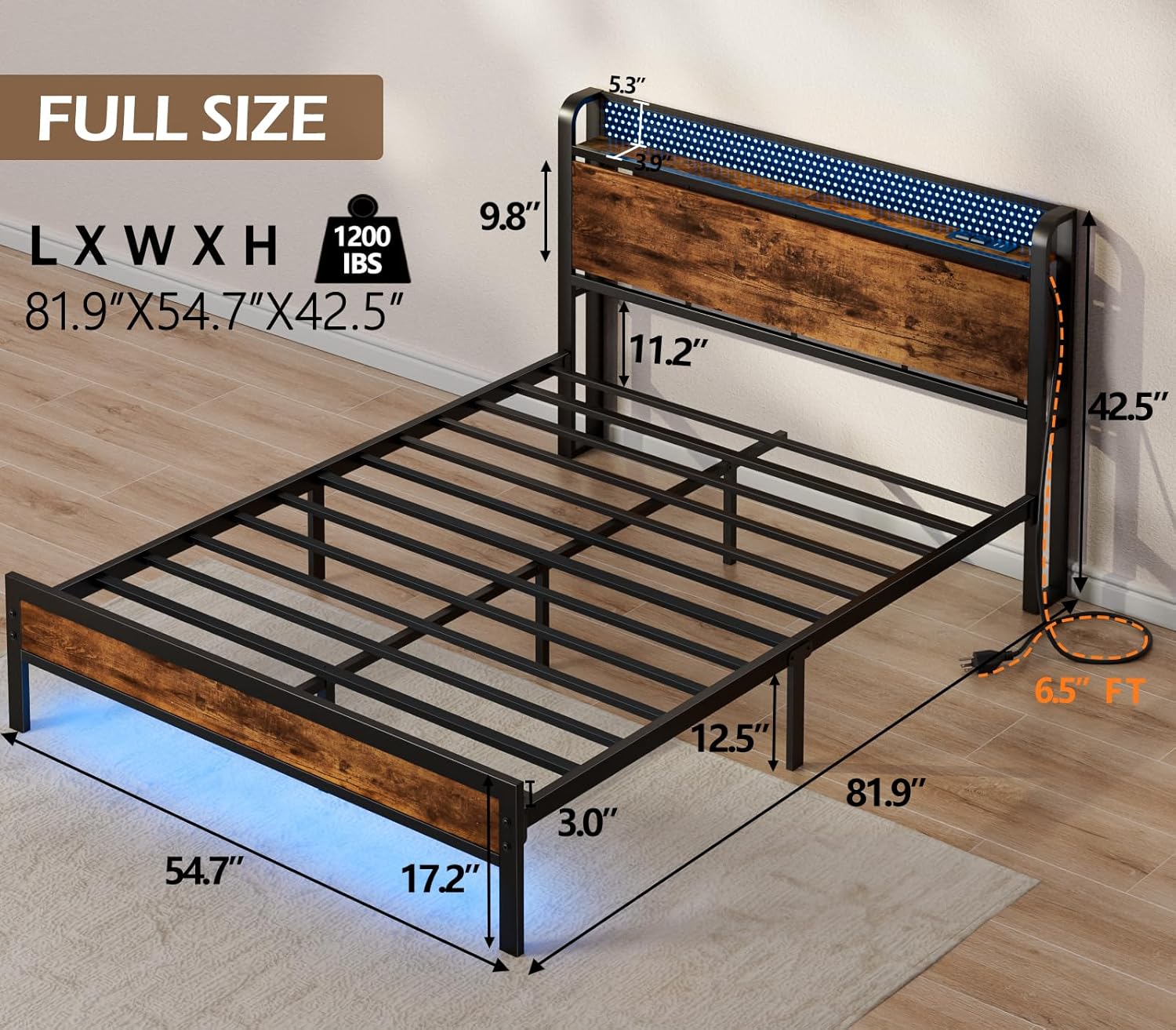 Furnulem Full Size Bed Frame with Headboard Storage Platform Bed Frame Full Size Charging Station and LED Lights
