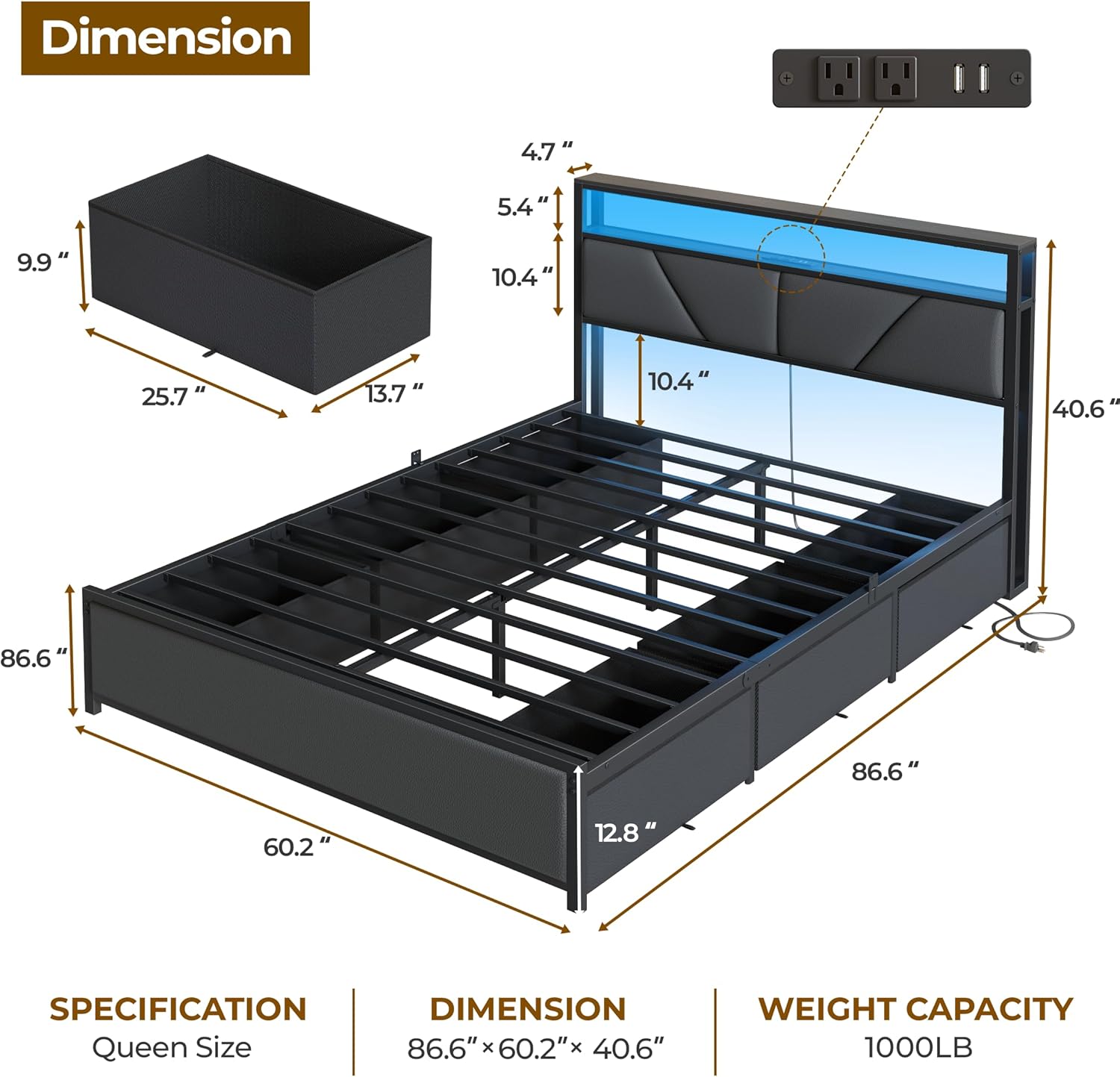 Queen Size Bed Frame with Storage Headboard and 6 Drawers Metal Platform Bed Frame with Charging Station and LED Lights PU Leather Upholstered