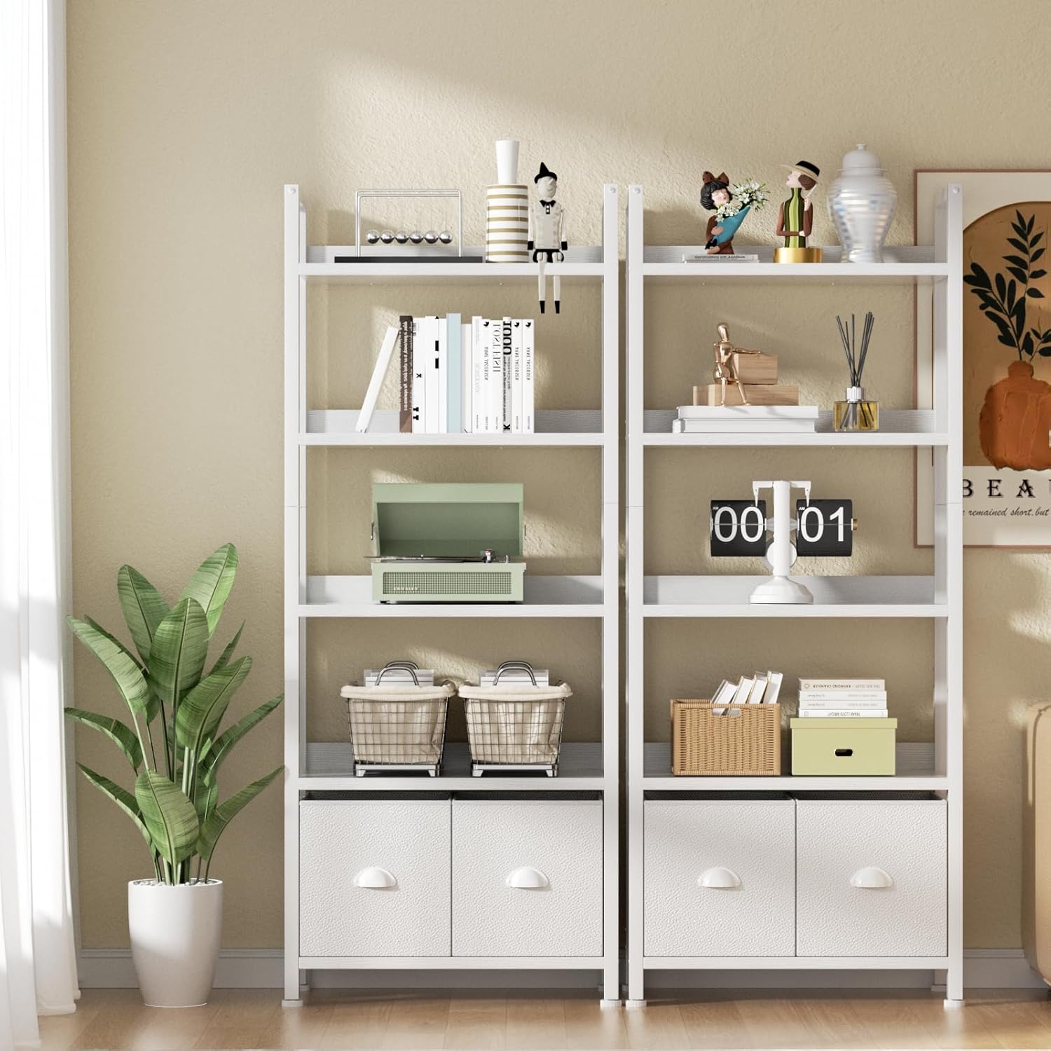 Qwatto 5 Tier Bookshelf with Drawers White Tall Wood and Metal Bookcases Modern Industrial Storage Organizers Display Shelving Unit Office Furniture