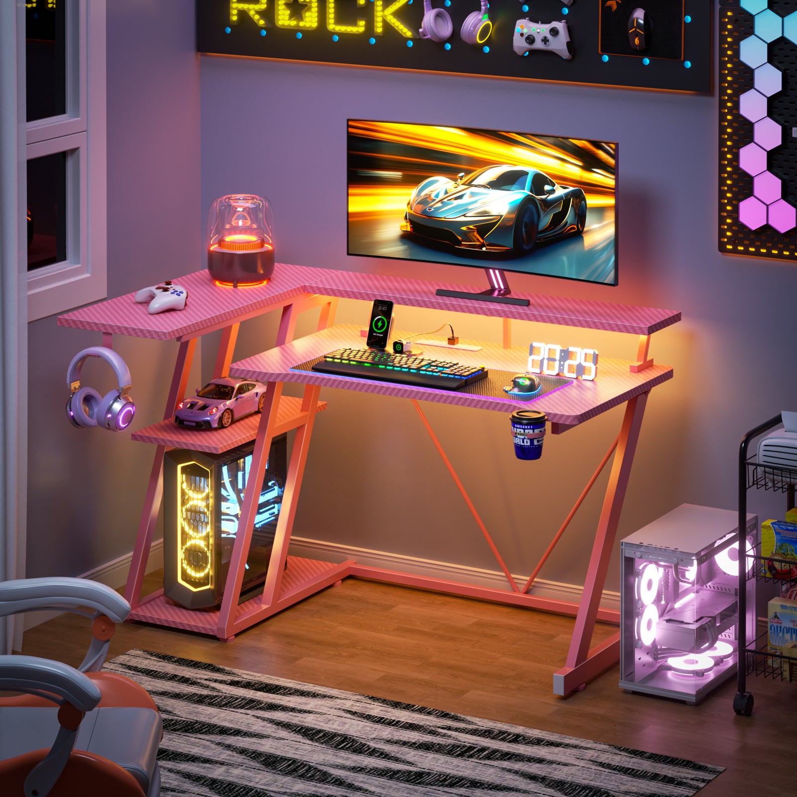 40 inch L Shaped Gaming Desk LED Lights Power Outlet Corner Computer Table with Monitor Stand 3 Tiers Storage Shelves Carbon Fiber Gamer Desk Pink