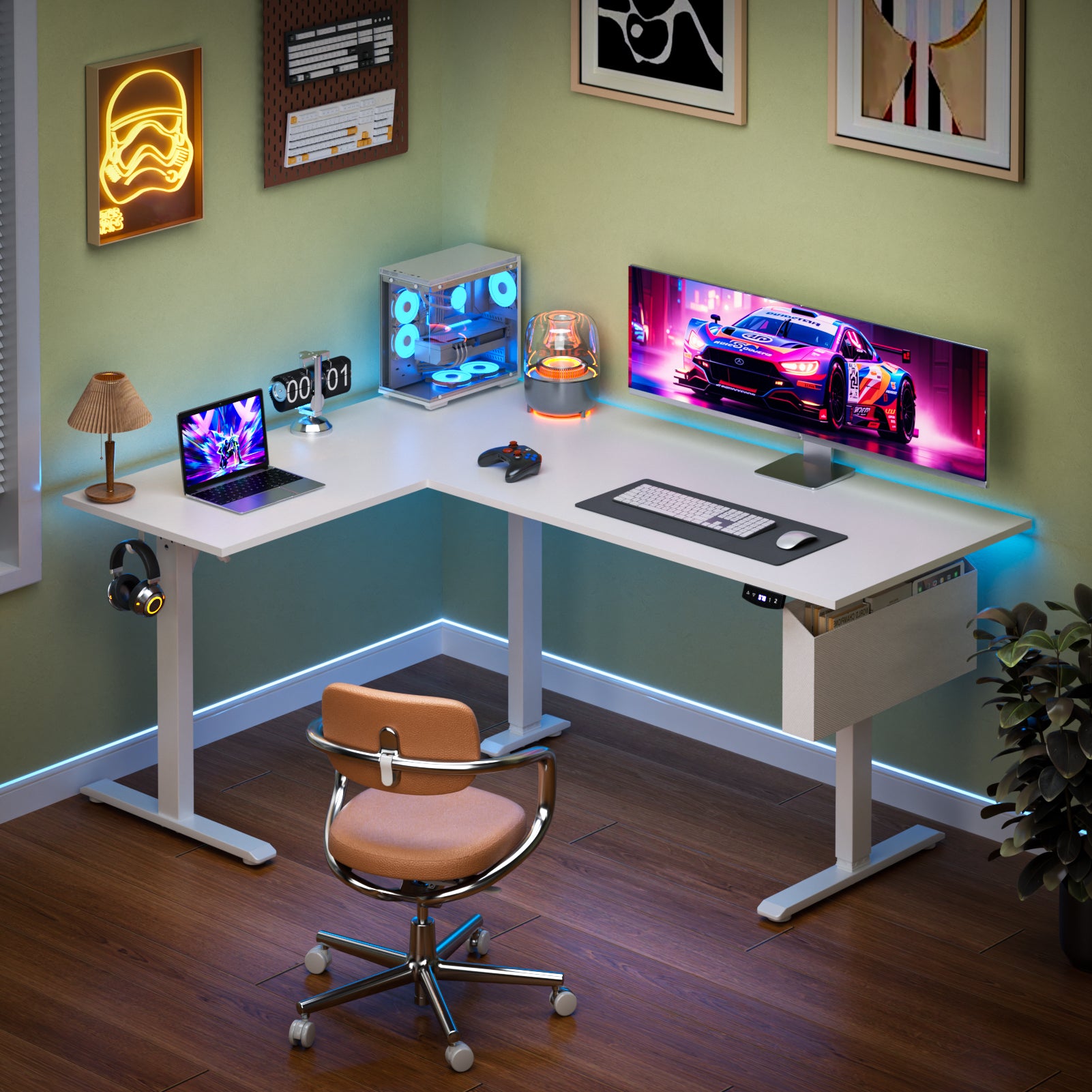 White 63 Inch L Shaped Electric Standing Desk Adjustable Height Sit to Stand Corner Computer Table Reversible Memory Presets Home Office Workstation