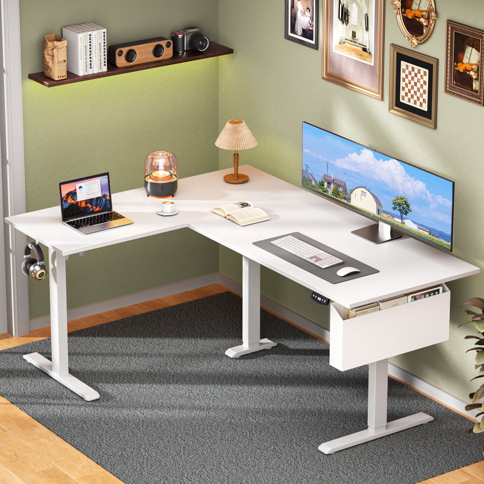 White 63 Inch L Shaped Electric Standing Desk Adjustable Height Sit to Stand Corner Computer Table Reversible Memory Presets Home Office Workstation