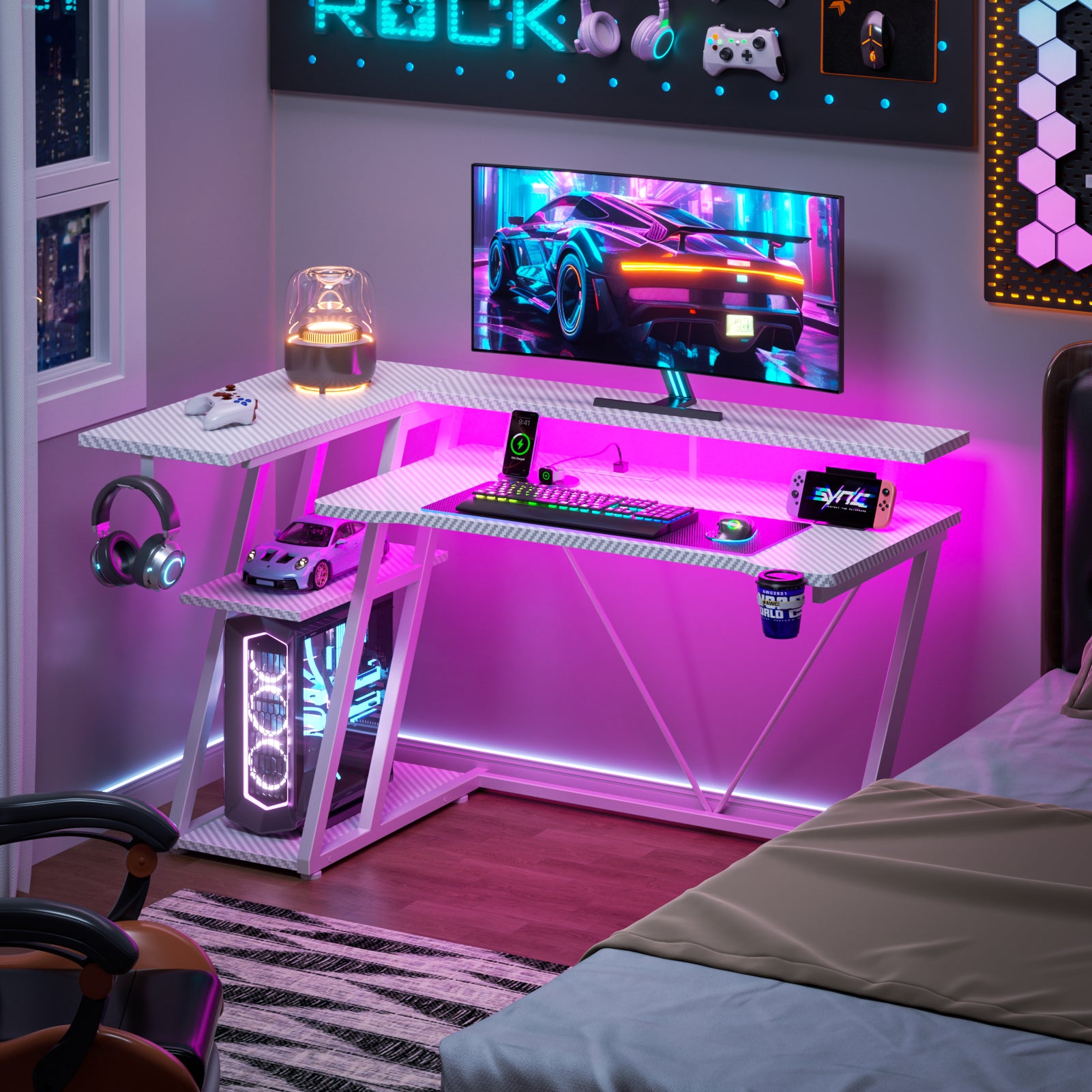 47 inch White Gaming Desk L Shaped Corner Computer Table with Monitor Stand 3 Tier Storage Shelves Bedroom Study Home Office PC Setup Sturdy Work Desk