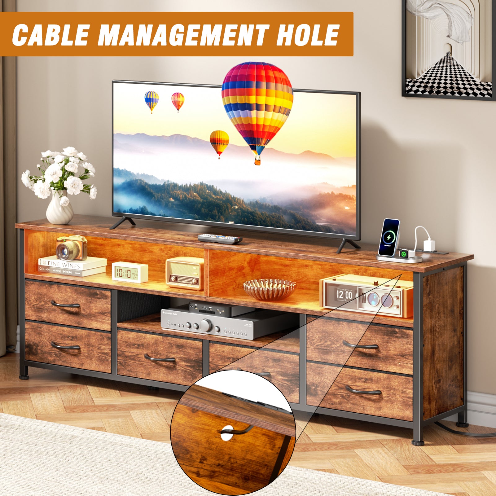 Qwatto 63 Inch Brown TV Stand Dresser with Charging Station LED Lights 6 Drawers Entertainment Center for TVs up to 70 Inch Media Console Living Room