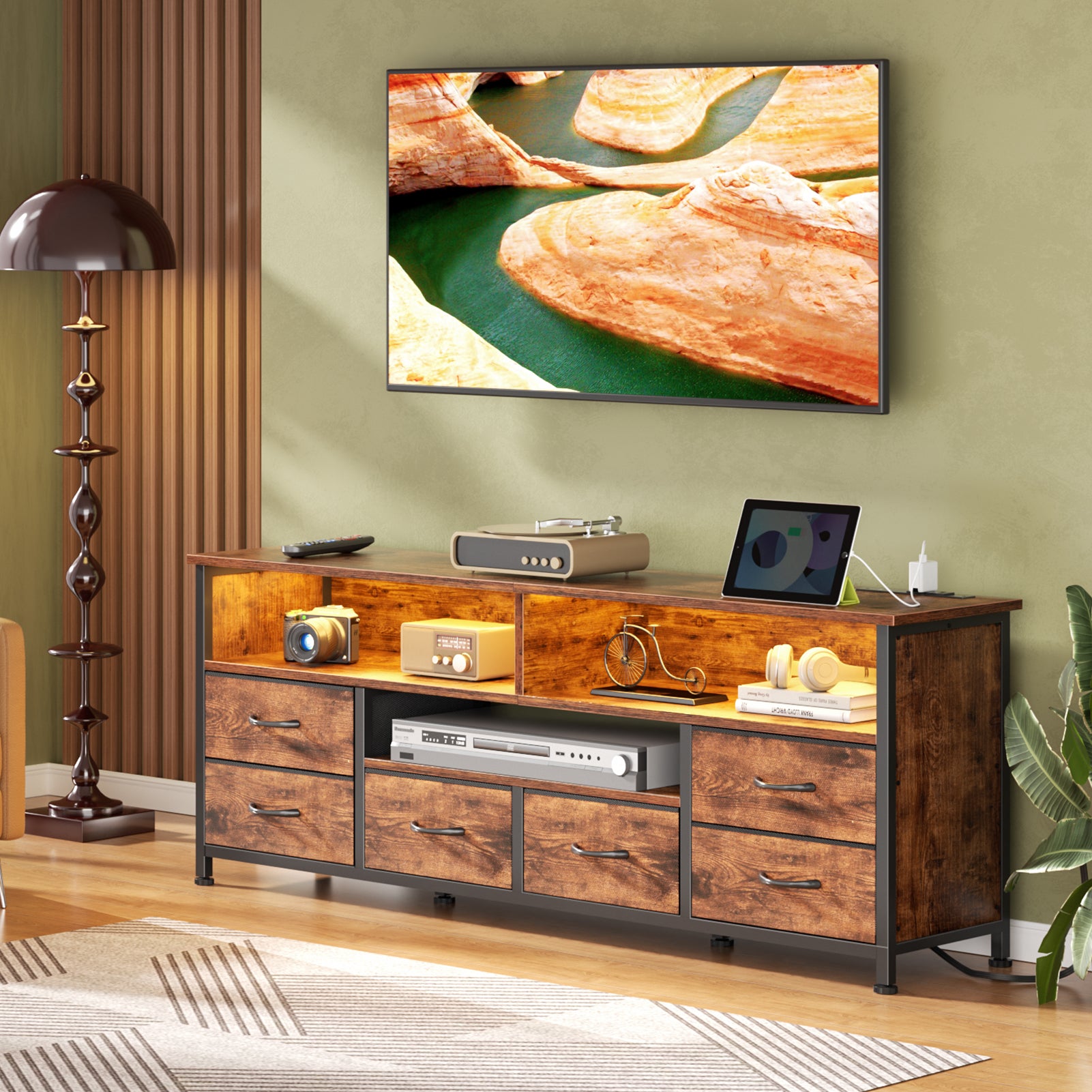 55 Inch Rustic Brown TV Stand Dresser with Charging Station LED Lights 6 Fabric Drawers Entertainment Center for TVs up to 60 Inch Media Console