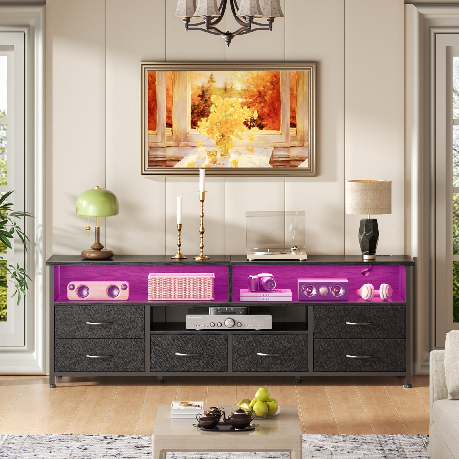 Qwatto 63 Inch Black TV Stand Dresser with Charging Station LED Lights 6 Drawers Entertainment Center for TVs up to 70 Inch Media Console Living Room