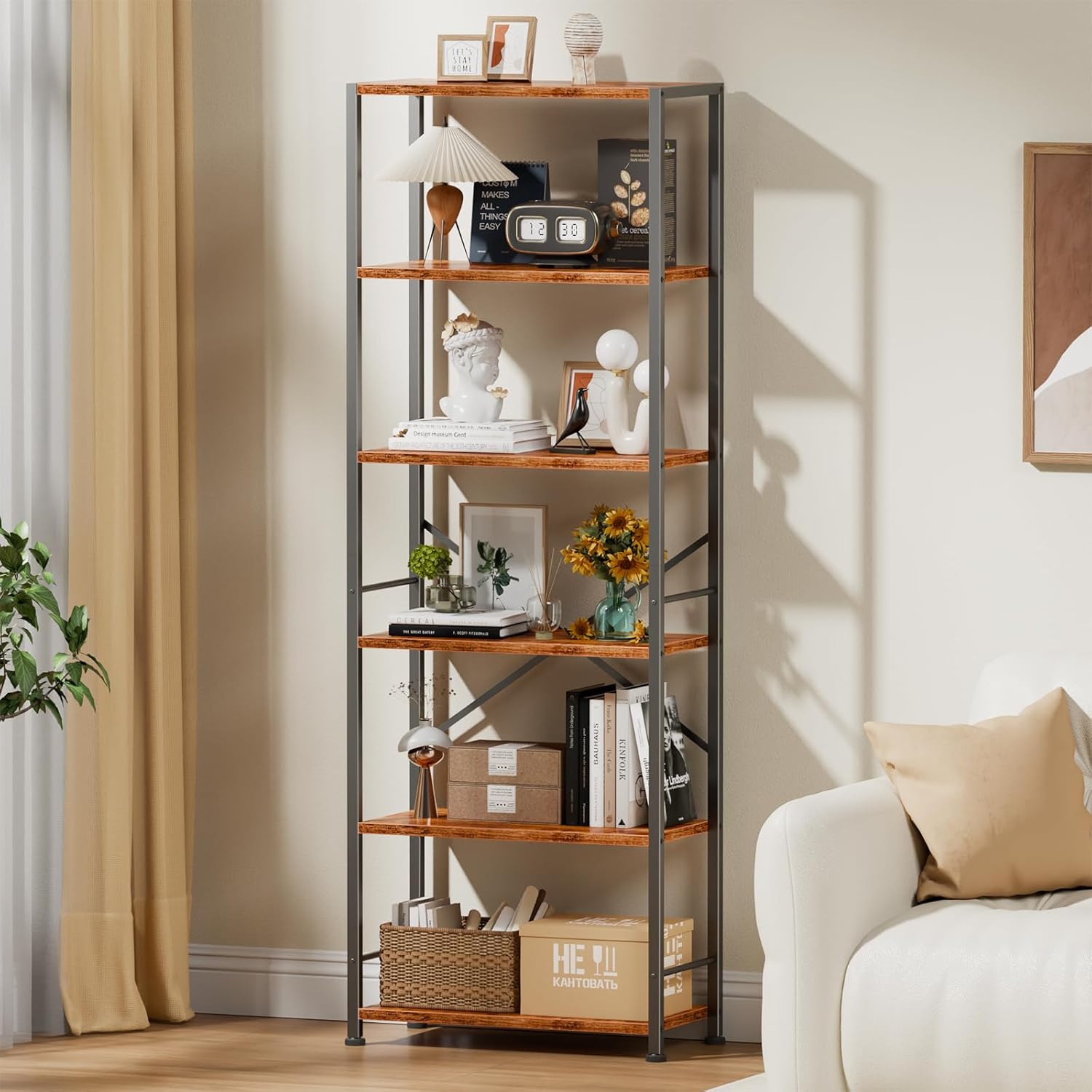 Qwatto Brown 6 Tier Tall Wide Bookshelf Industrial Wood Metal Freestanding Open Display Shelving Unit Storage Organizer Etagere Bookcase Home Office