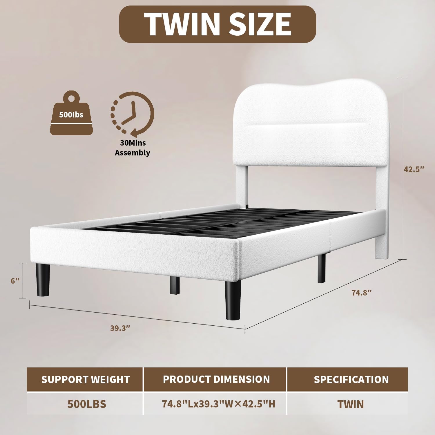 Twin Bed Frames with Headboard Upholstered Bed Frame Soft Boucle Fabric Twin Size bedframes Soft Cloud Marshmallow Shape Upholstered Headboard