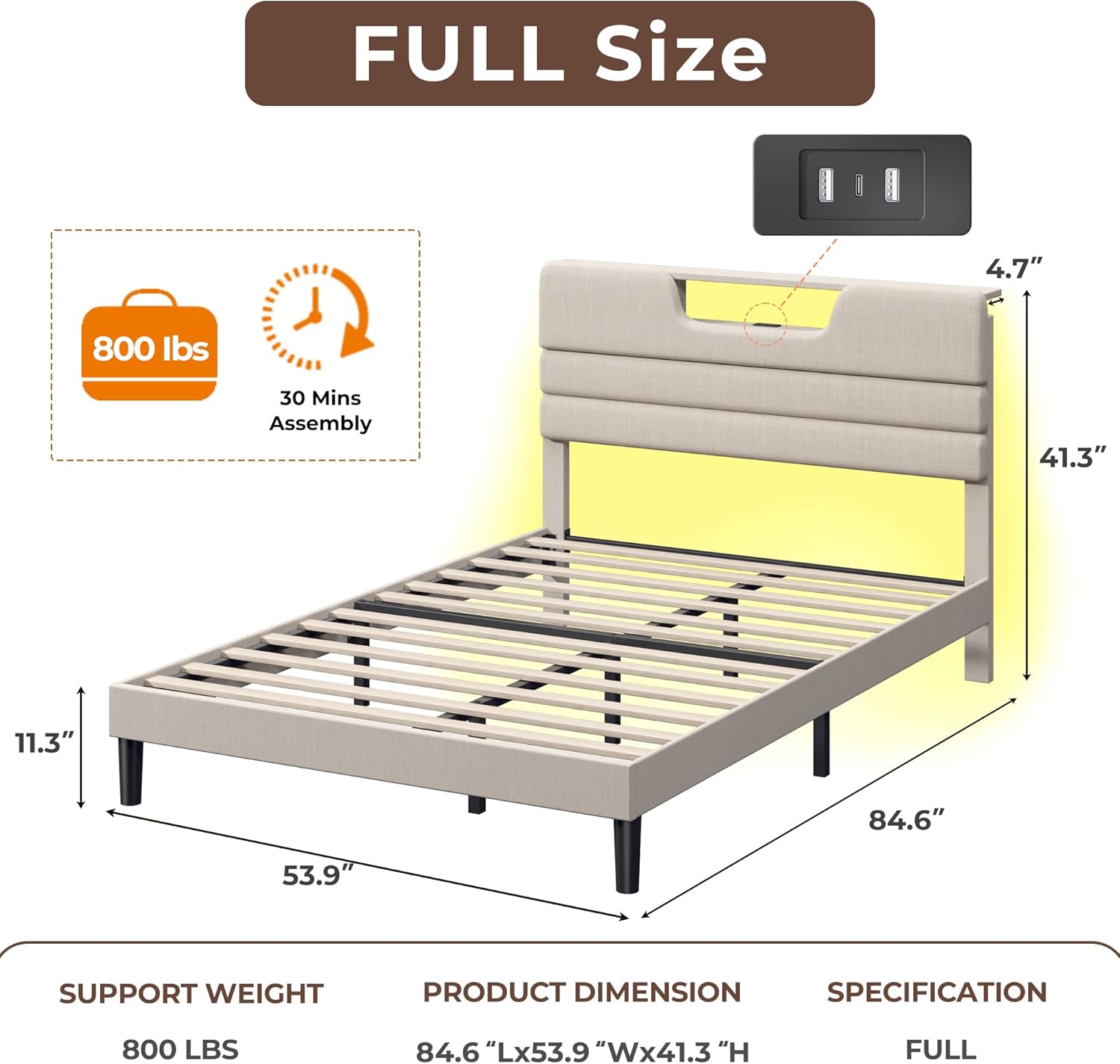 Full Bed Frame with LED Lights, Headboard with Charging Station Upholstered Platform Bedframe Metal Support No Box Spring Needed 2-Tier Storage