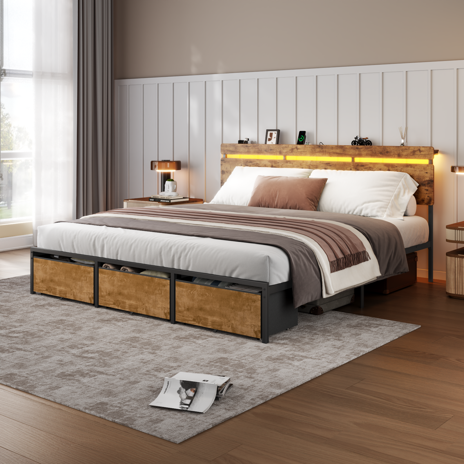 King Size Platform Bed Frame 3 Storage Drawers LED Lights Charging Station Vintage Brown Wood Headboard Shelf Heavy Duty Metal No Box Spring Needed
