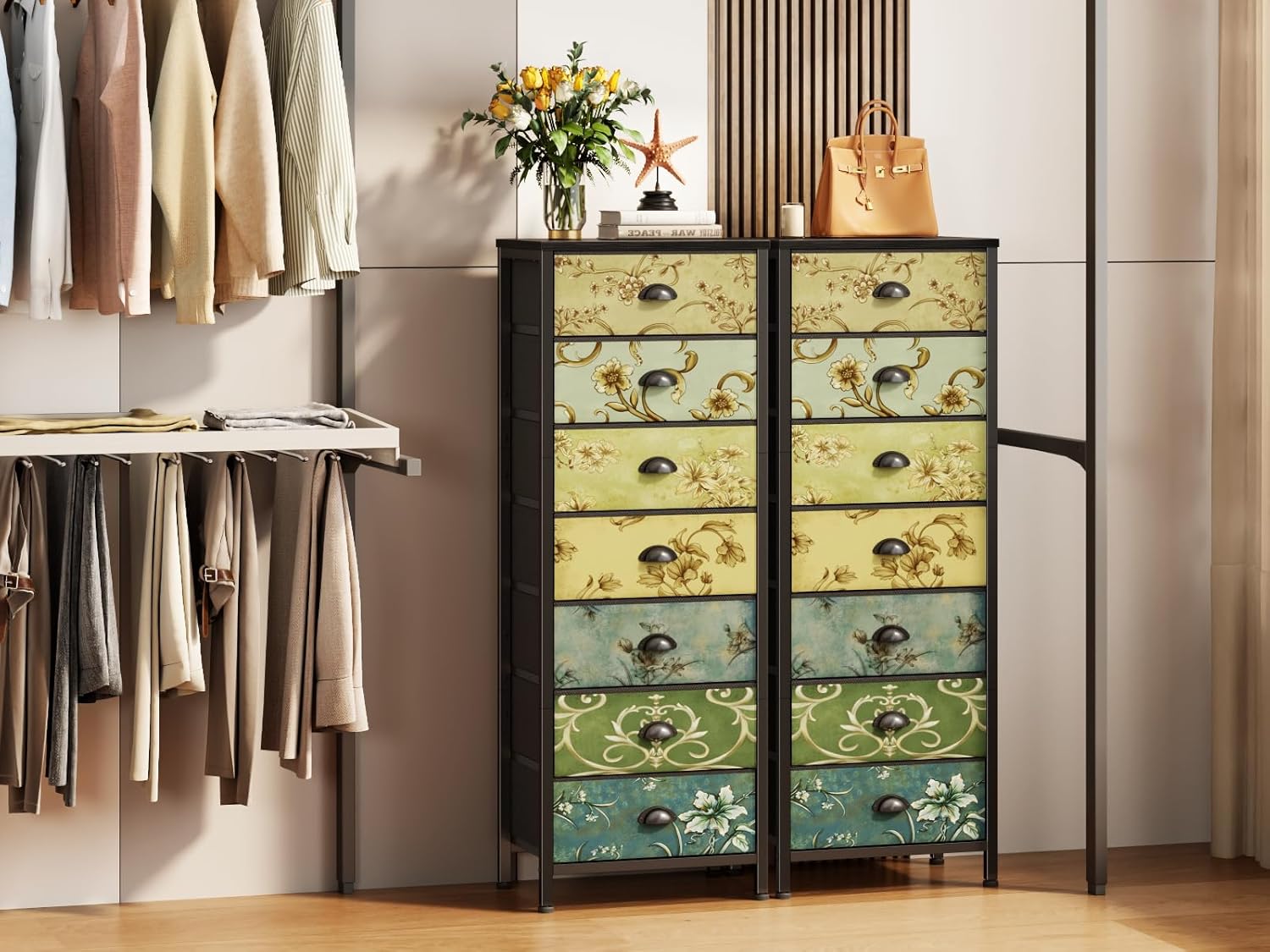 Furnulem Tall 7-Drawer Dresser – Vintage Fabric Storage Tower for Bedroom or Closet
