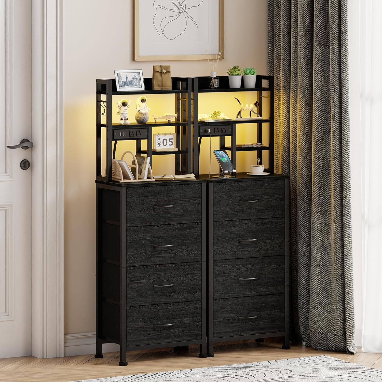 Qwatto Bedside Table with Charging Station and USB Port 4 Drawer Tall Nightstand with Shelves for Bedroom Dorm Wood Metal End Table Brown Oak Finish