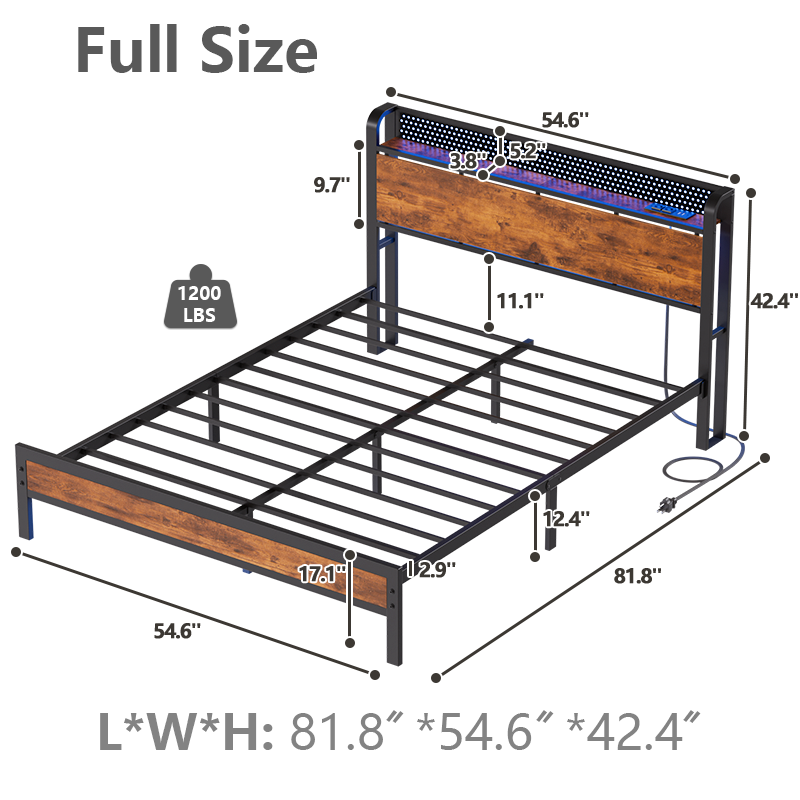 Full Size Platform Bed Frame with Storage Headboard LED Lights Charging Station Industrial Metal Heavy Duty No Box Spring Needed Rustic Wood