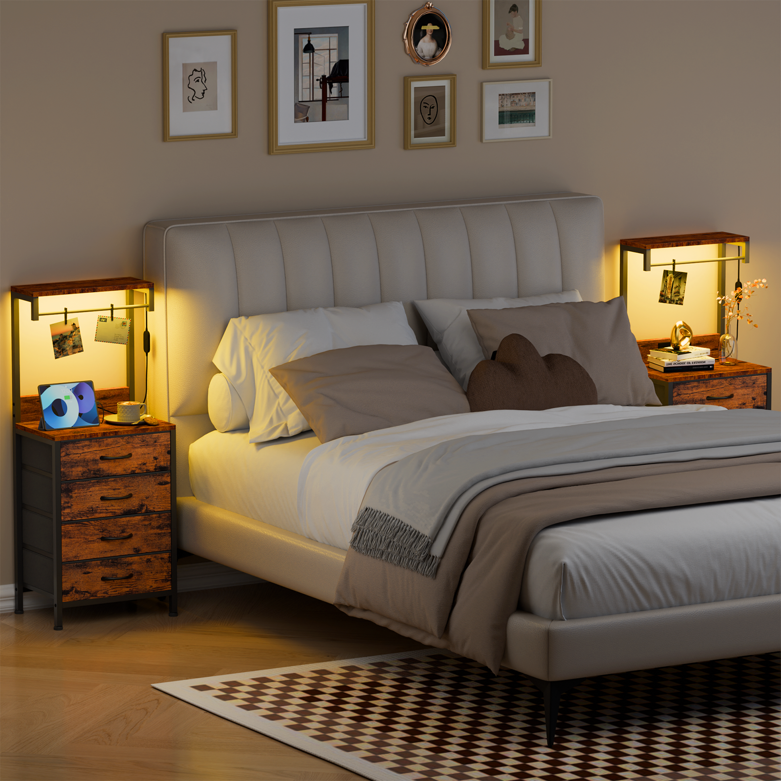 Modern Brown Nightstand with LED Lights Charging Station USB Ports 4 Fabric Drawers 4 Tier Storage Shelves Tall Bedside Side End Table Organizer