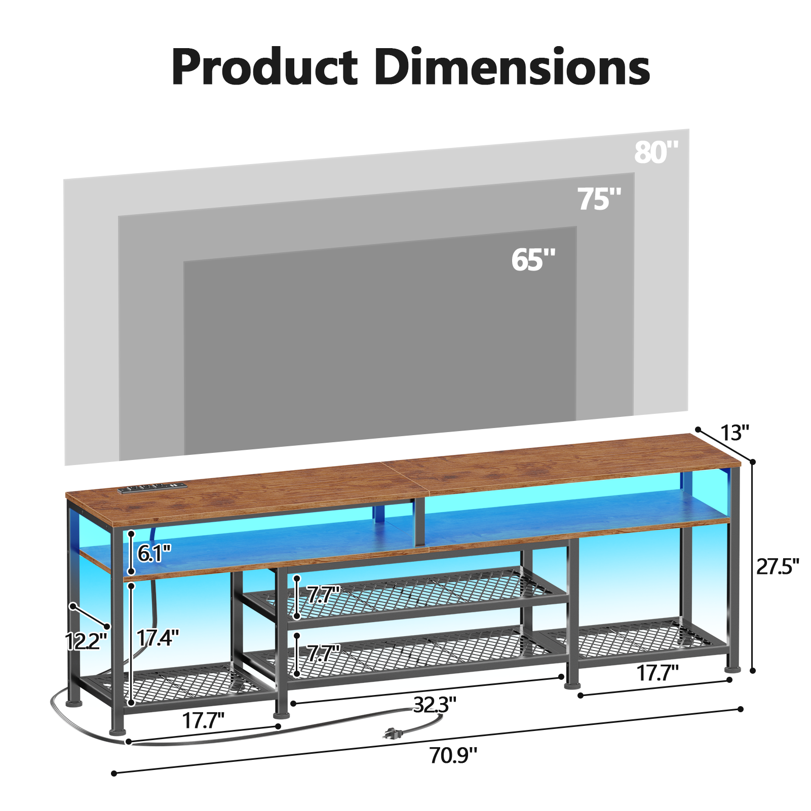 71 Inch Brown TV Stand with Charging Station LED Lights Entertainment Center for TVs up to 80 Inch Media Console Storage Modern Living Room Bedroom