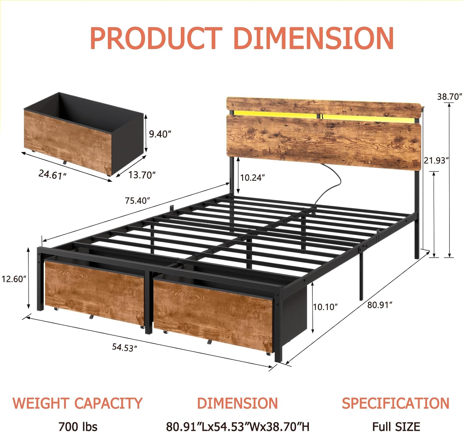 Full Size Bed Frame with Wood Headboard Metal Platform Bed with 2 Storage Drawers Shelf Built in Charging Station LED Lights No Box Spring Needed