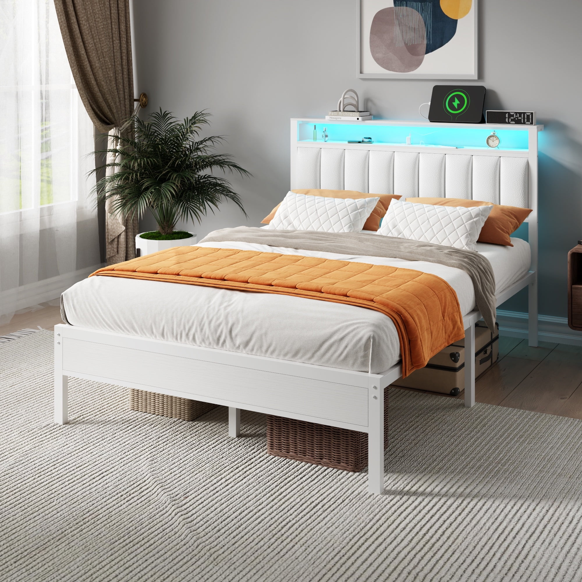 Full Size Bed Frames with LED Lights Charging Station Platform Bed with Metal Slats Headboard with 2-Tier Storage Shelves No Box Spring Needed White
