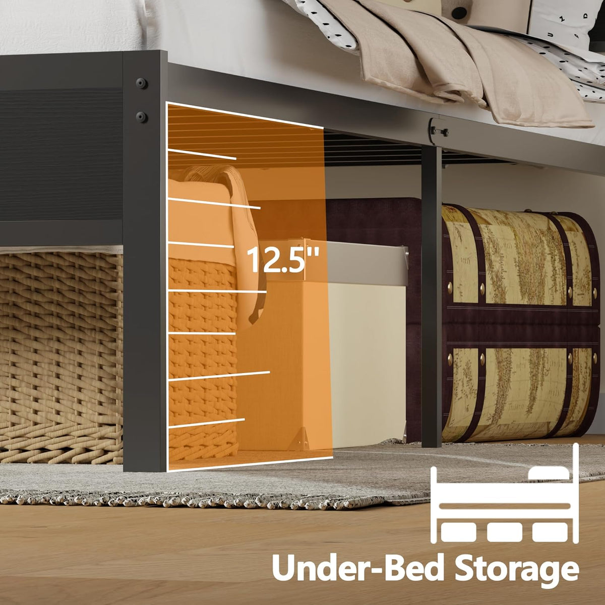 Bed Frame with Storage Headboard Charging Station LED Lights Metal Platform
