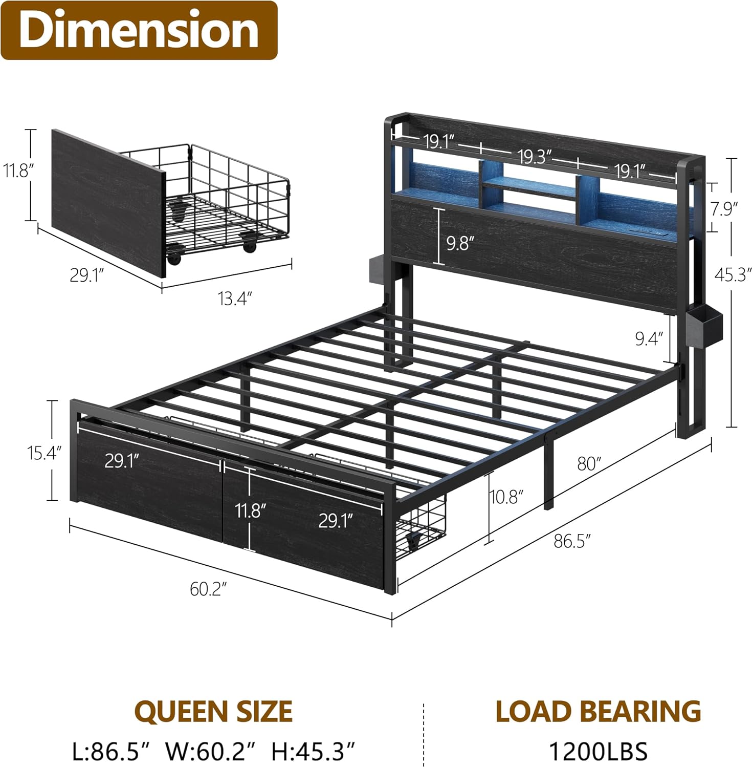 Furnulem Queen Bed Frame with Wood Headboard and Storage Shelf Metal Platform Bed Frame Queen Size with Storage Drawers No Box Spring Needed Black