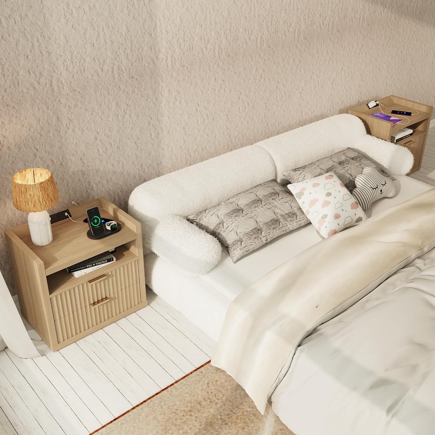 Furnulem Fluted Nightstands with Charging Station 24" Wide Nightstand with 2 Drawers Mid Century Side Table Natural Wooden End Table with Open Shelves