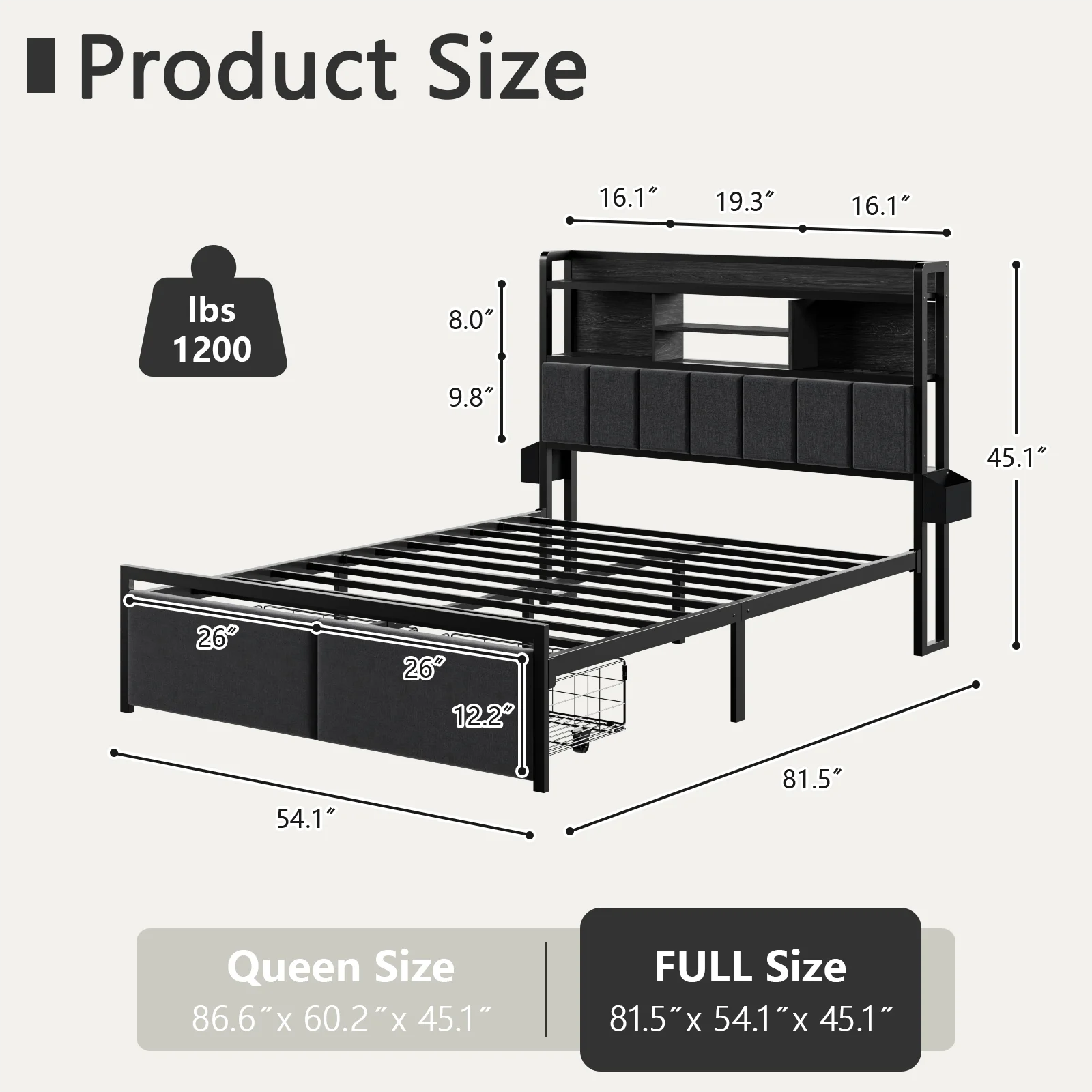 Full Size Bed Frame with Upholstered Headboard Bed Frame Full with Storage Drawers Charging Station LED Lights Metal Platform No Box Spring Needed