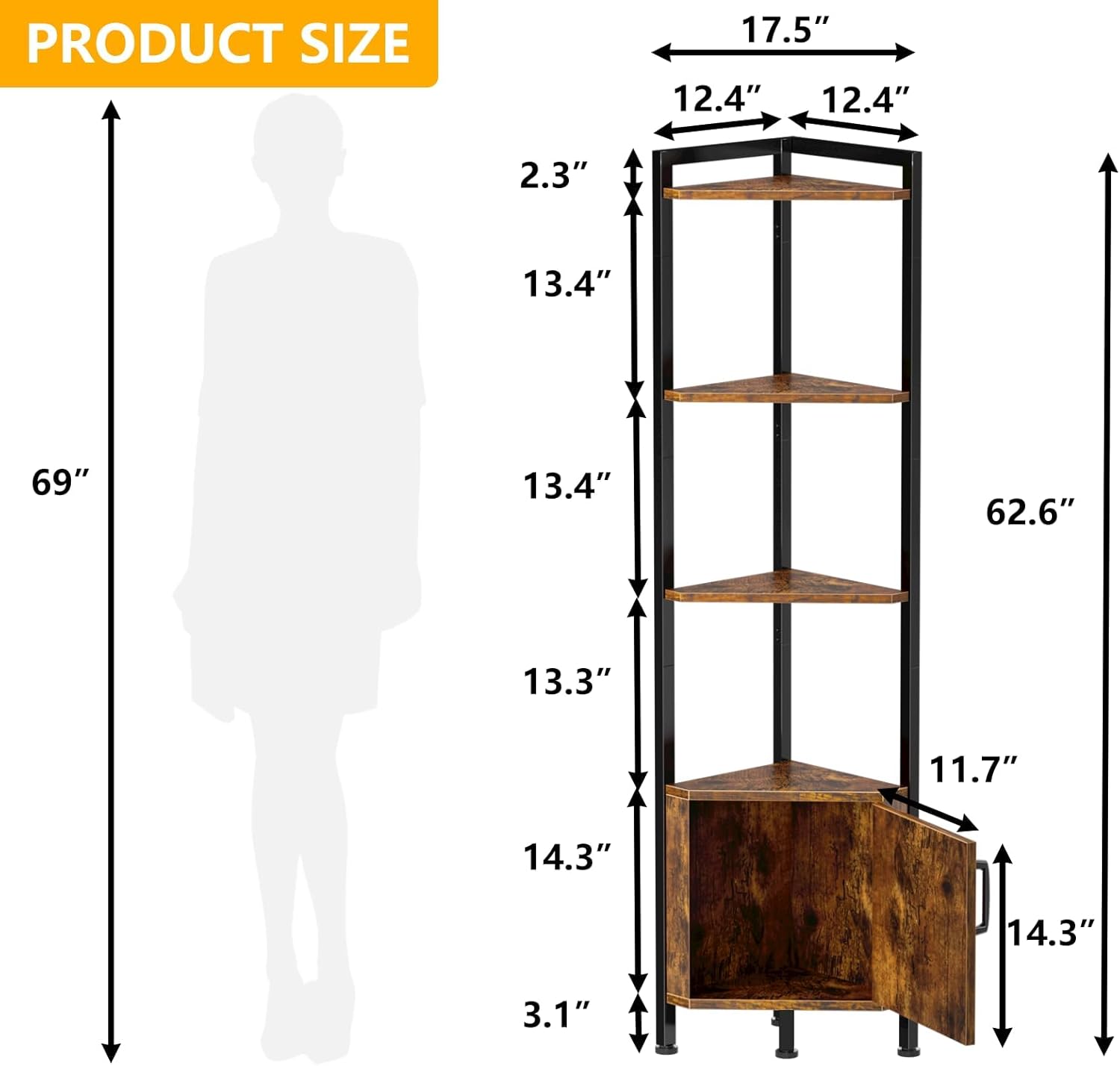 Furnulem 5-Tier Corner Shelf with LED Light, Standing Display Bookshelf with Storage for Bedroom, Living Room, Kitchen