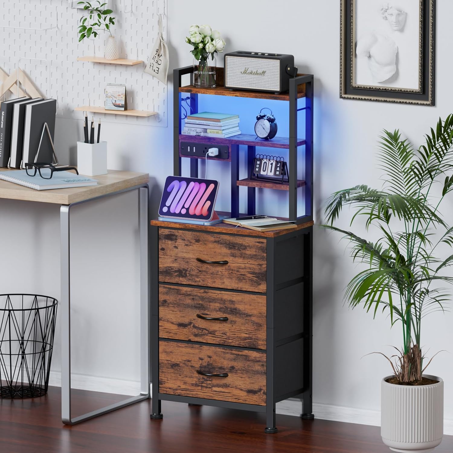 Qwatto 45.3in Tall Bedside Table with USB Charging Station and Light 3 Fabric Drawer Nightstand Bookshelf for Small Space Bedroom Dorm Brown Finish
