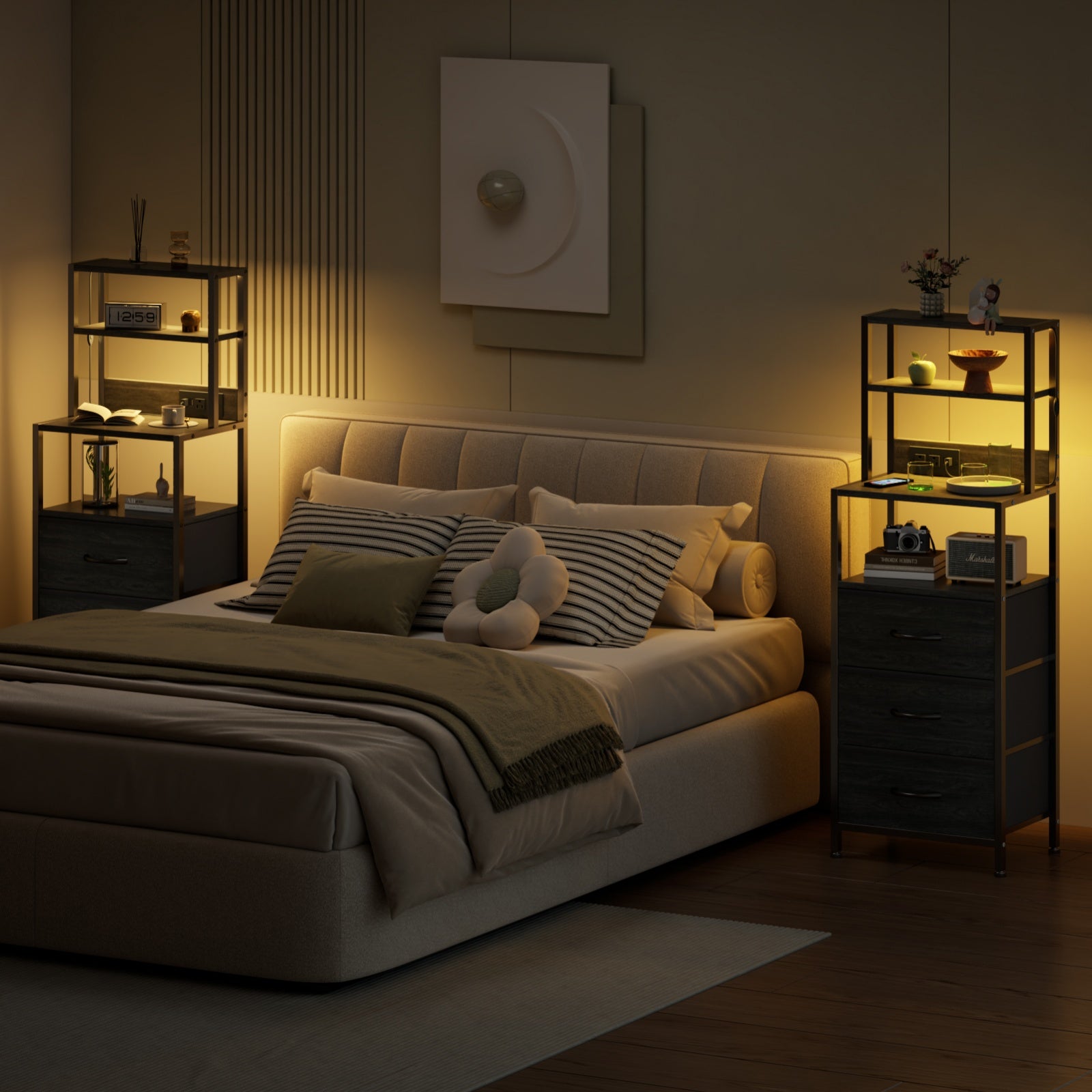 Furnulem Night Stand, Tall Nightstand with 4-Tier Shelves and 3 Fabric Drawers