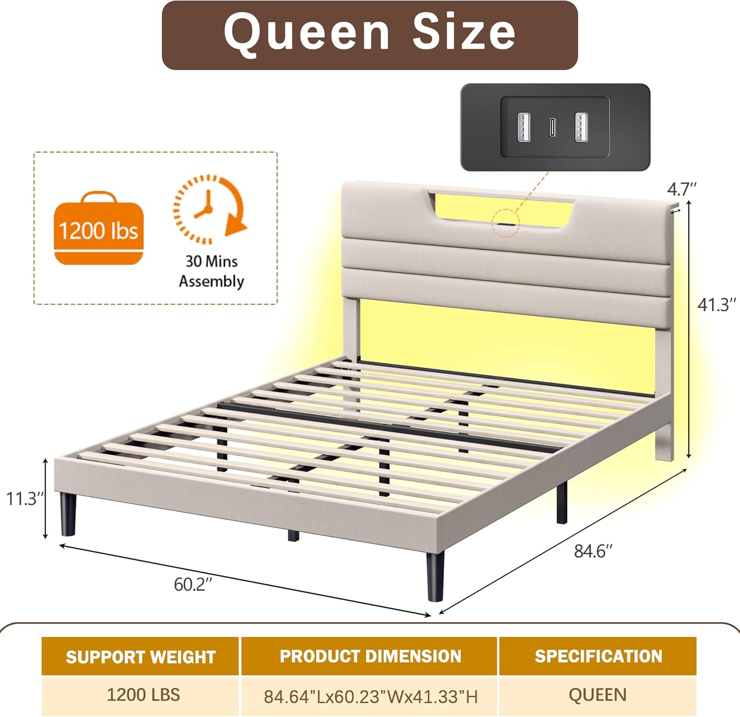 Queen Size Bed Frames with Upholstered Headboard Modern Platform Bed with Bed Frame with Sturdy Wooden Slats/No Box Spring Needed/2-Tier Storage Beige