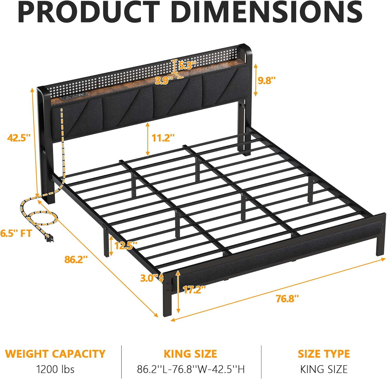 Furnulem King Bed Frame with Headboard and LED Light Upholstered Platform with Power Outlet and USB Port Bed with Metal Support and Footboard