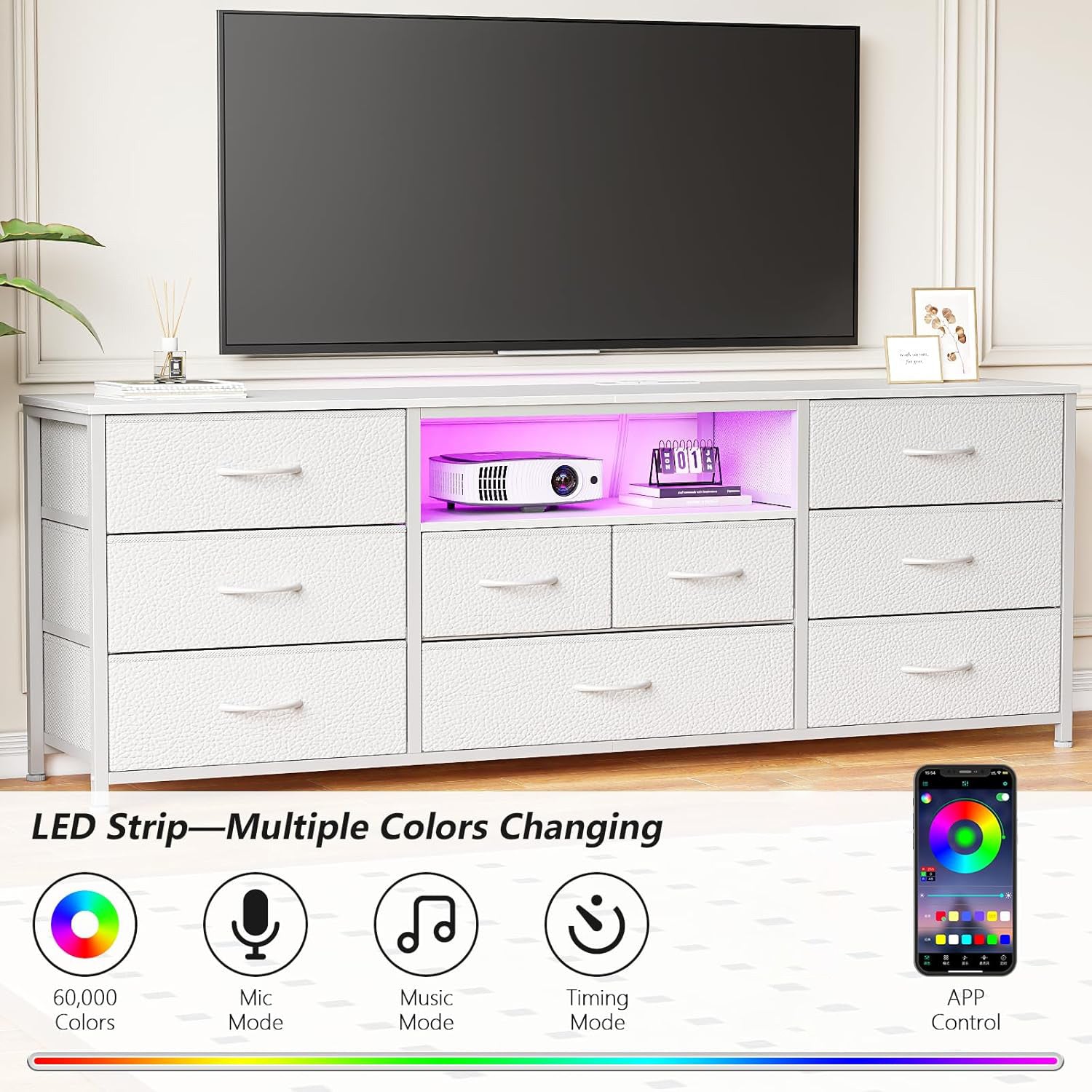 Furnulem 9 Drawer Dresser 63” Long TV Stand for Bedroom Entertainment Center with Power Outlet LED Light for 65"-75" TV White Dresser with Fabric
