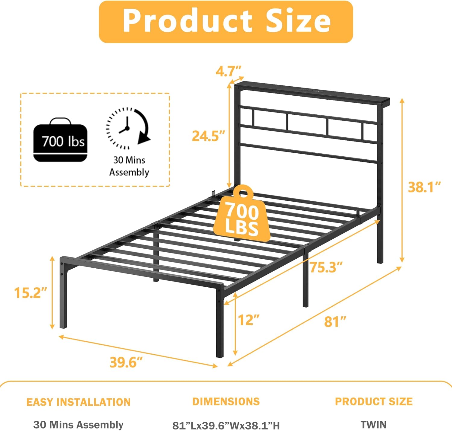 Twin Bed Frames with Built-in Charging Station and LED Light, Metal Platform Bed with Headboard and Storage Shelf Noise-Free