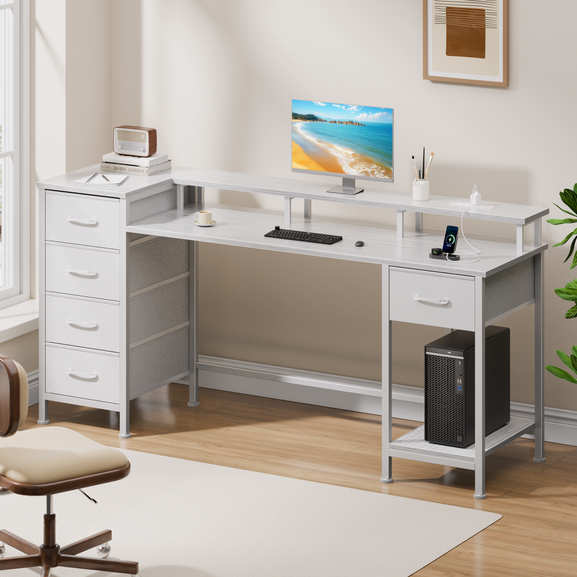 55 Inch White Computer Desk with Charging Station Reversible Gaming Desk LED Lights Fabric Drawers Home Office Writing Table Bedroom Study Storage