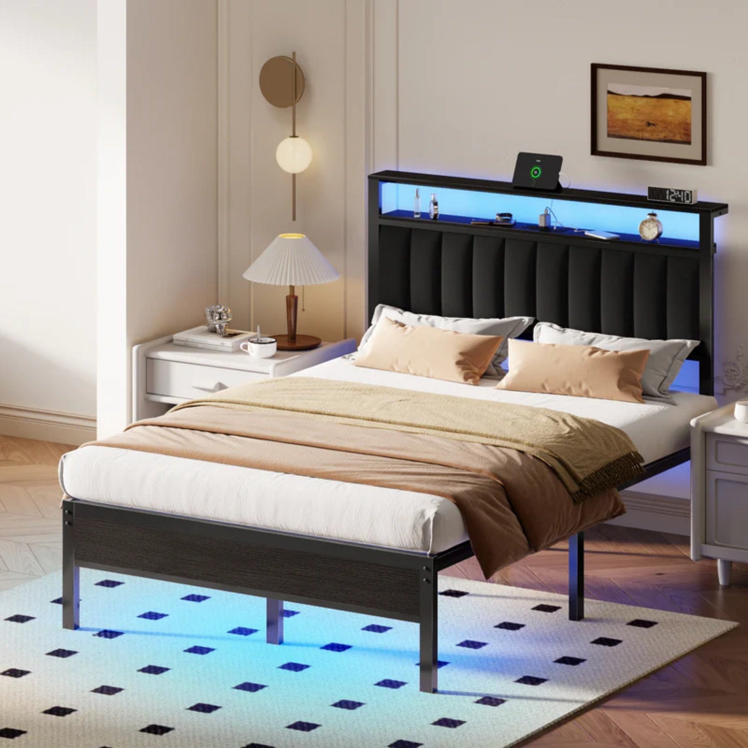 Furnulem Bed Frame with Charging Station, LED Lights & Storage Shelves – Metal Slats, No Box Spring