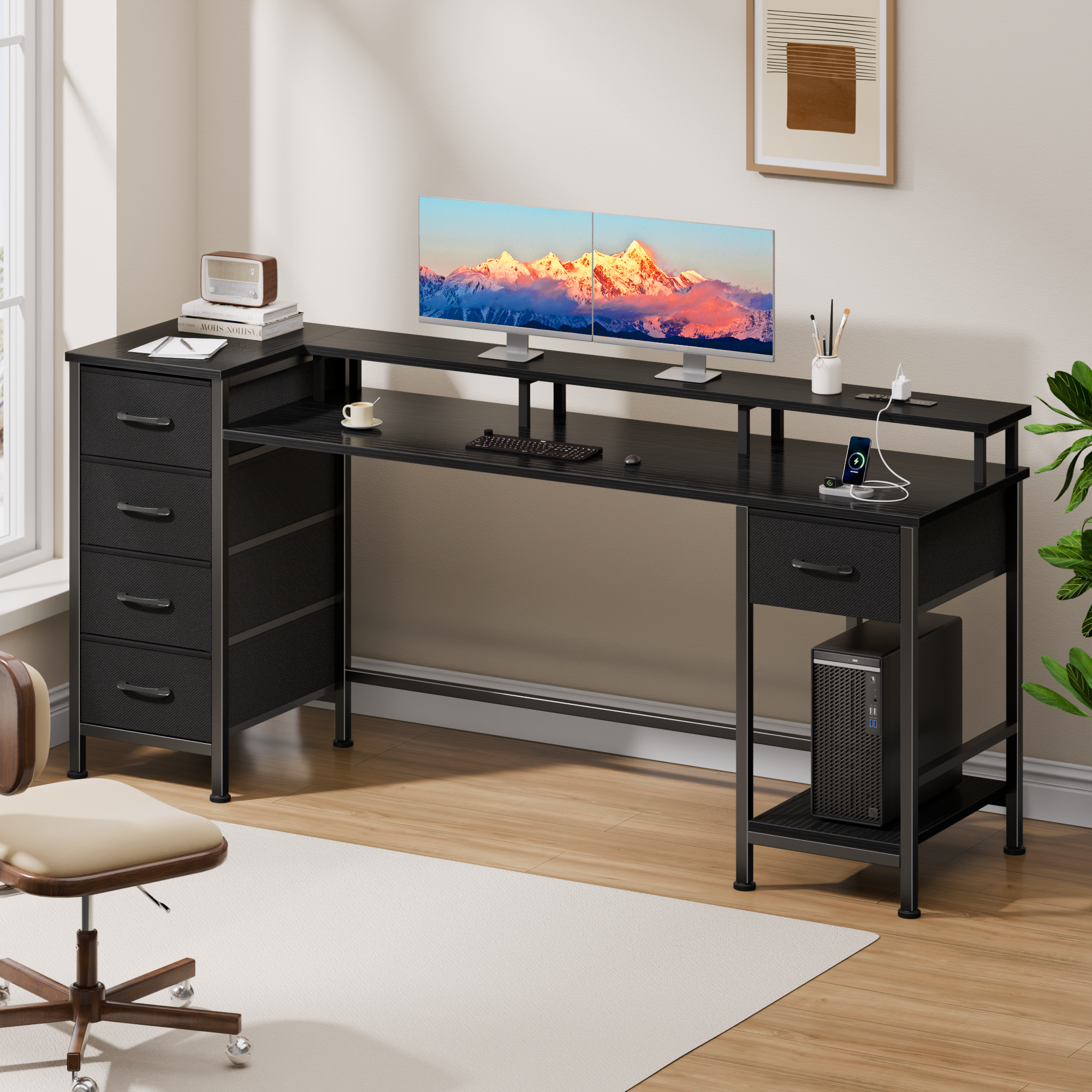 61 Inch Black Computer Desk with Charging Station Gaming Desk LED Lights Reversible 5 Fabric Drawers Home Office Writing Table Study Storage