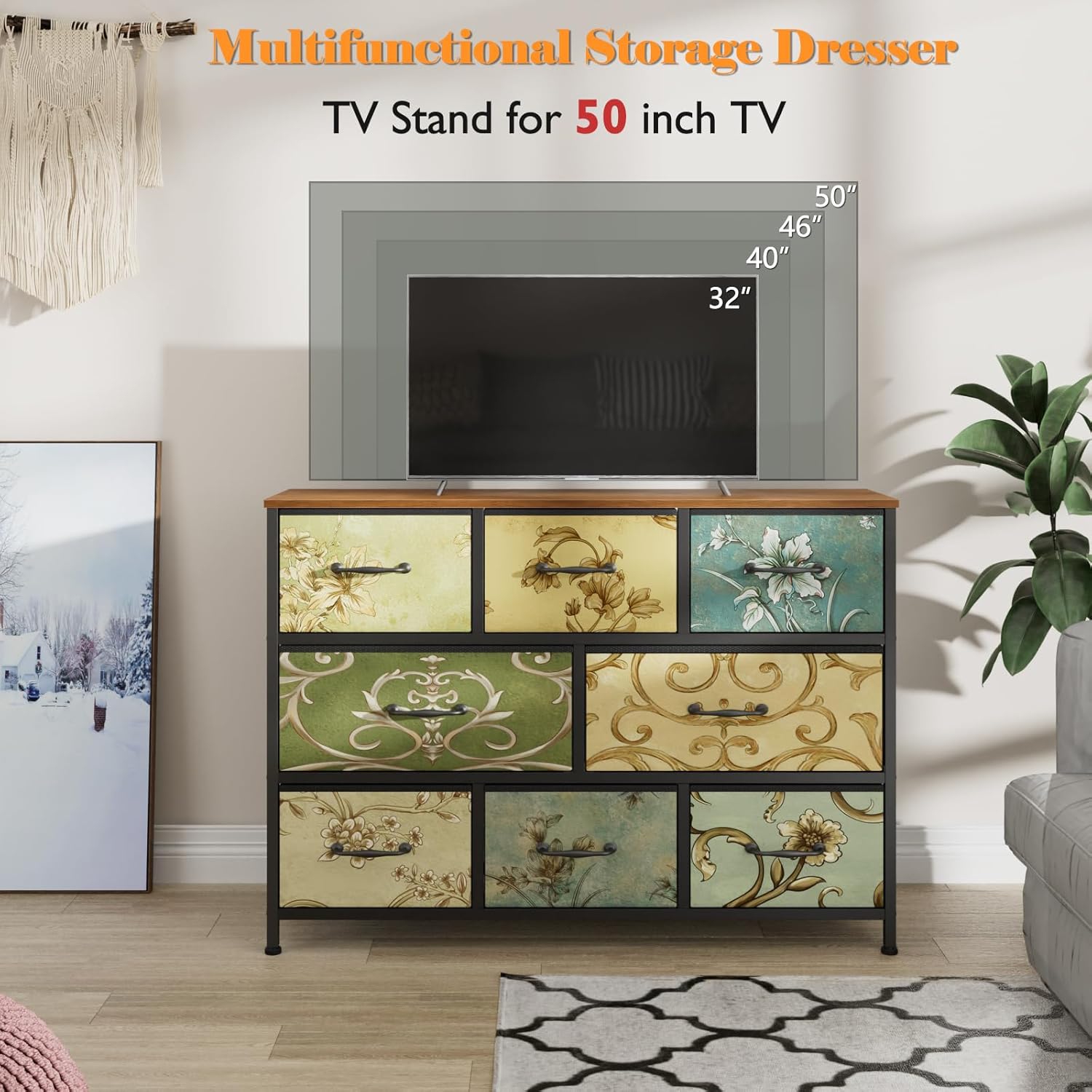 Fabric Dresser for Bedroom 8 Drawer Chest of Drawers Retro Flower Ideal for Adults Furniture for Bedroom Living Room Hallway