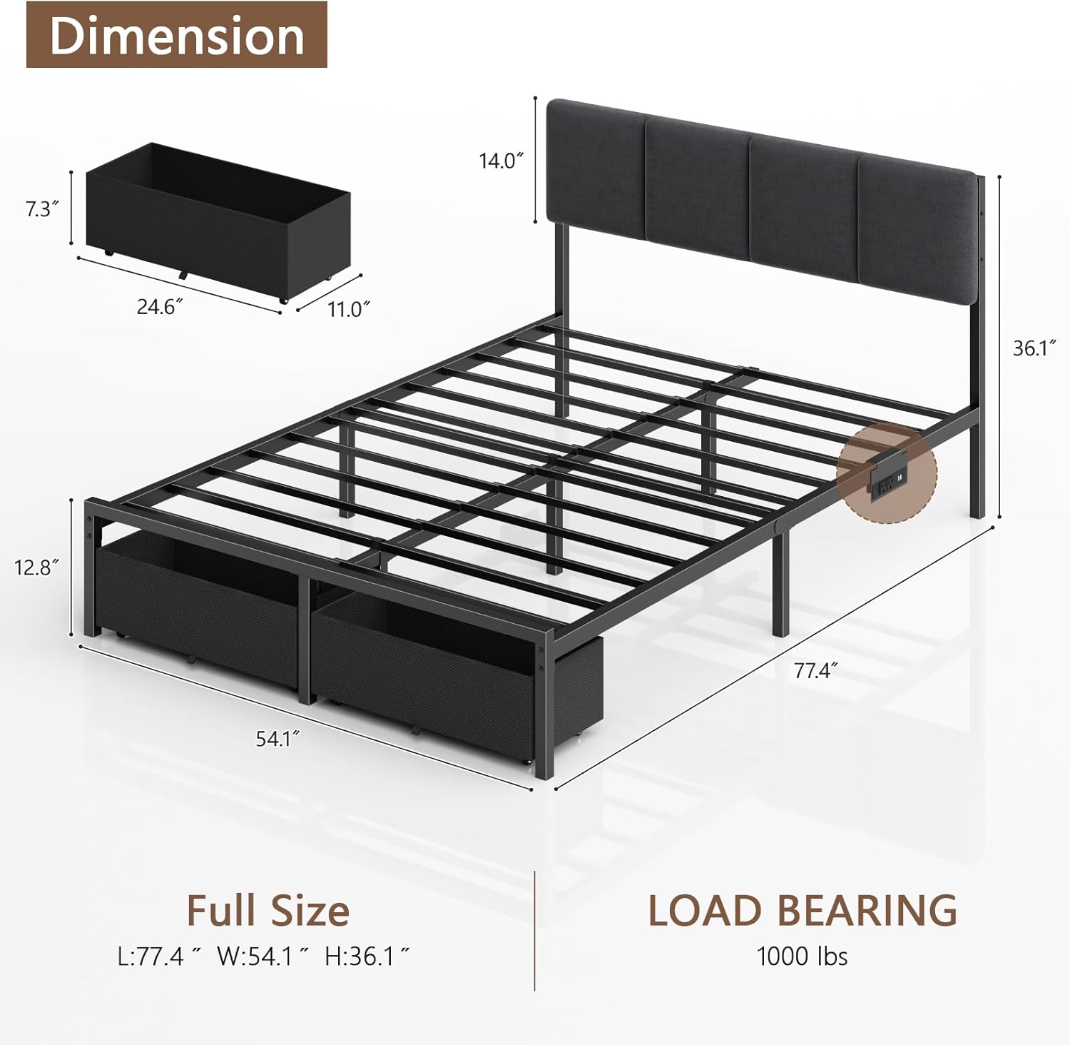 Furnulem Bed Frame with LED Headboard, Charging Station & Storage Drawers