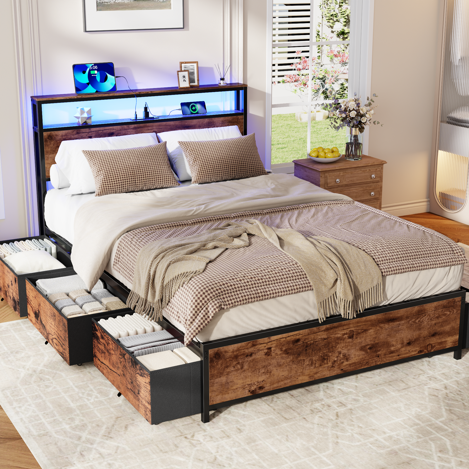 Full Size Platform Bed Frame with 6 Storage Drawers 2 Tier Headboard Shelf LED Lights Charging Station Metal No Box Spring Needed Teen