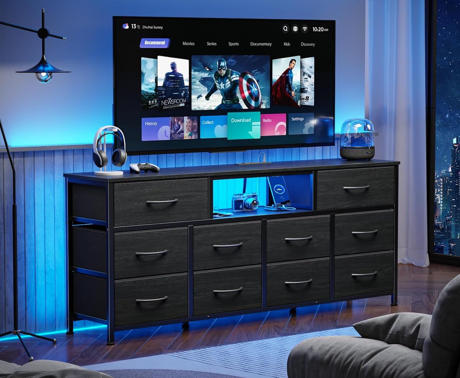 Furnulem 55” Long Dresser for Bedroom TV Stand for 55 to 65 inch TV Black Dresser with 10 Fabric Drawers Chest Center with Power Outlet LED Light