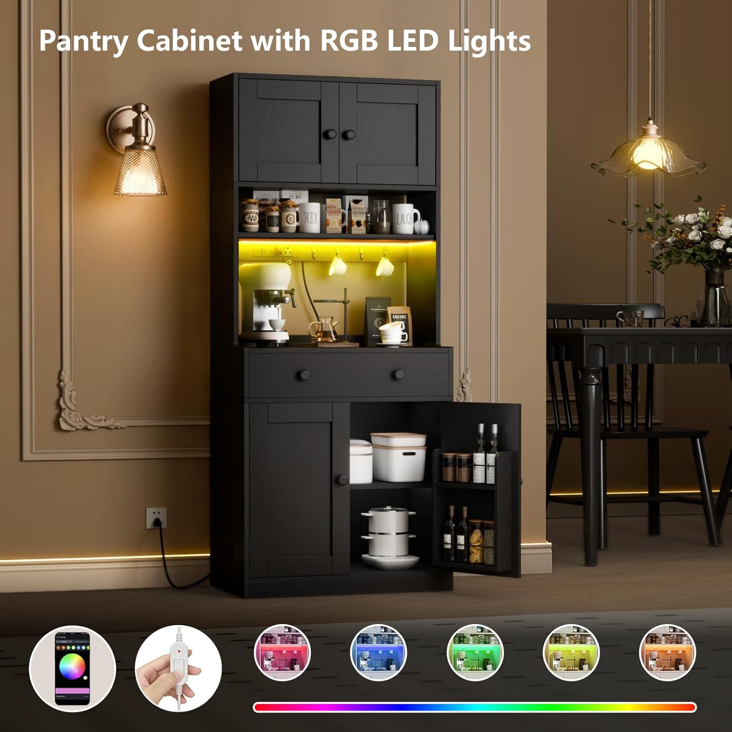 71 Inch Black Kitchen Pantry Storage Cabinet Farmhouse Freestanding Microwave Stand with Hutch Doors and Drawers for Dining Room and Coffee Bar Uses
