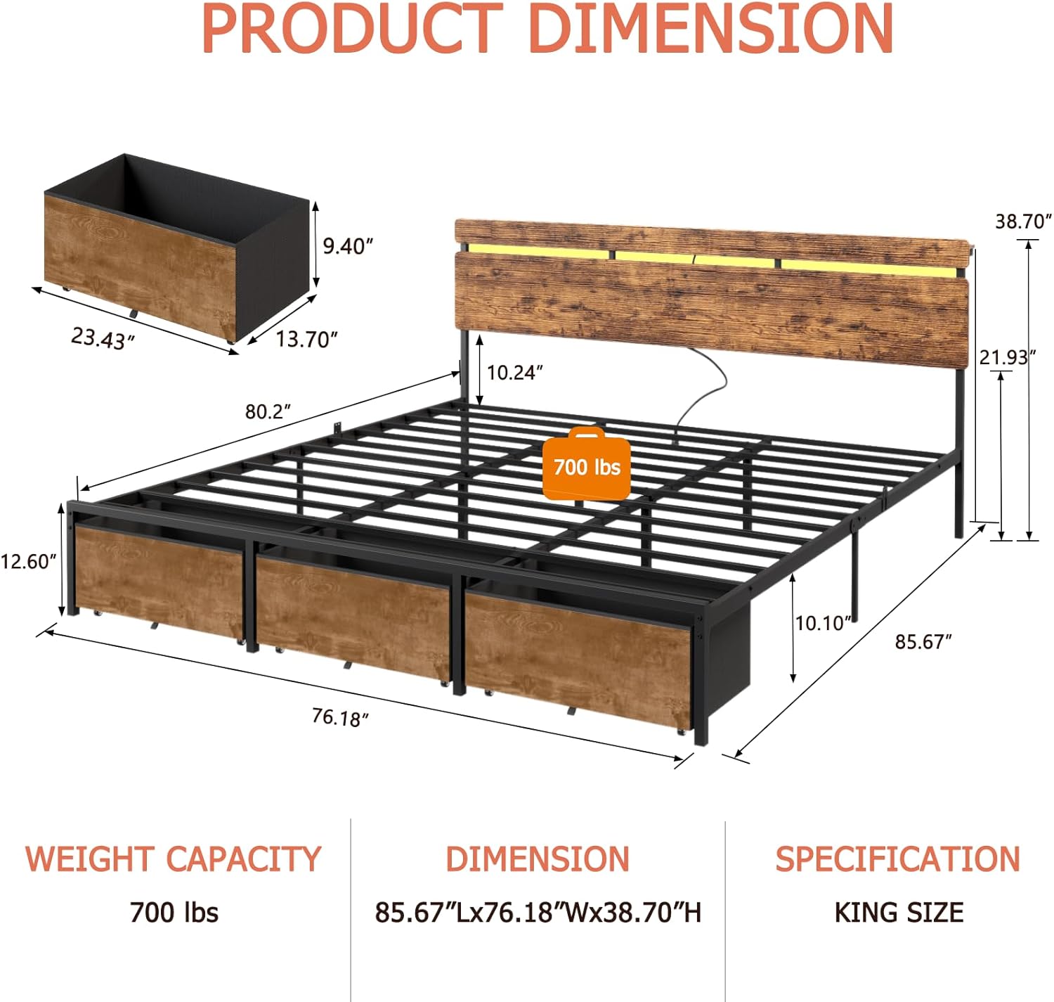 King Size Bed Frame with Wood Headboard, Metal Platform Bed with 3 Storage Drawers Shelf Built-in Charging Station LED Lights No Box Spring Needed