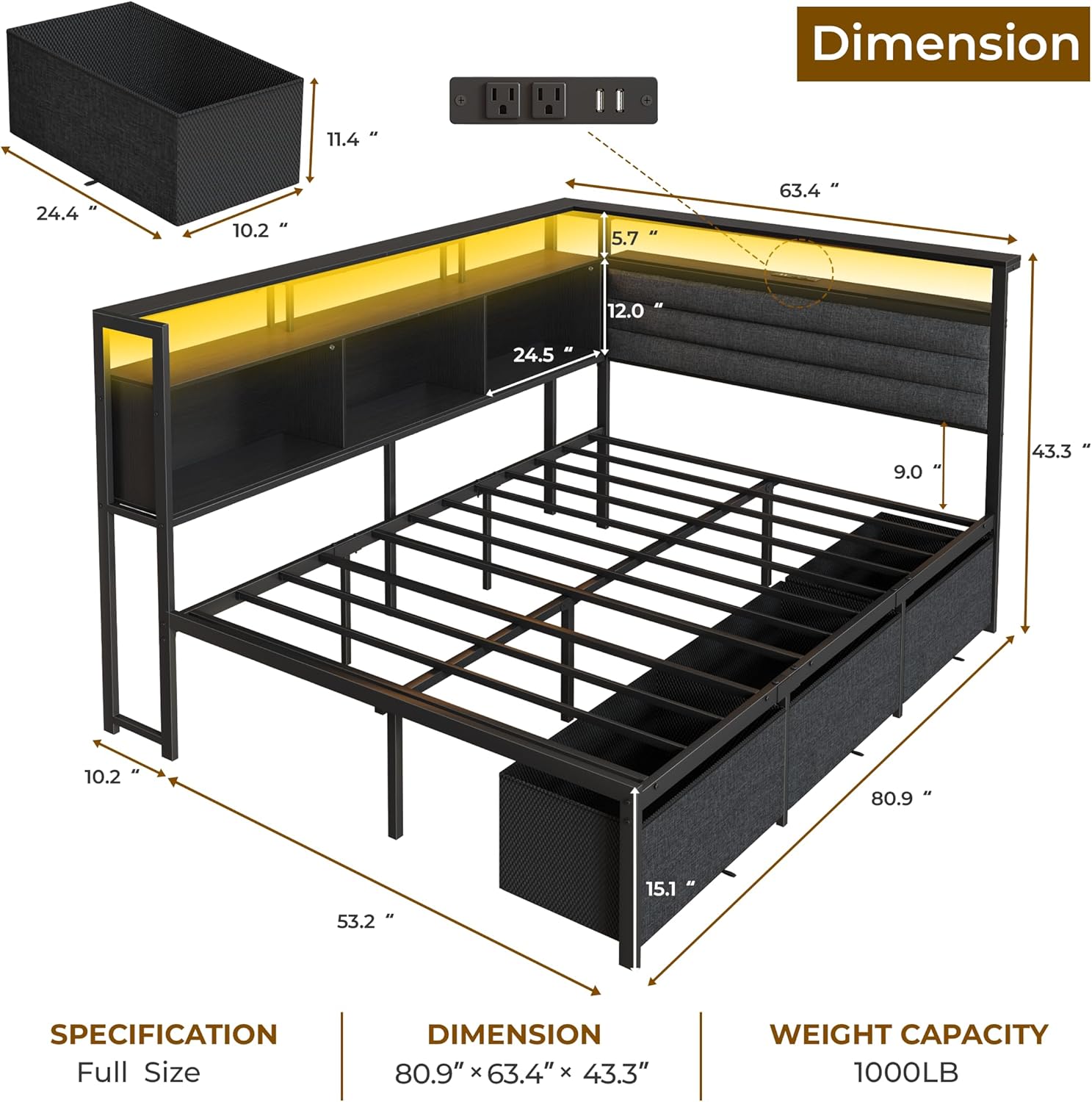 Furnulem Full Size Bed Frame with Headboard and Storage Drawers Full Metal Platform Corner Bed Frame with Charging Station and LED Lights