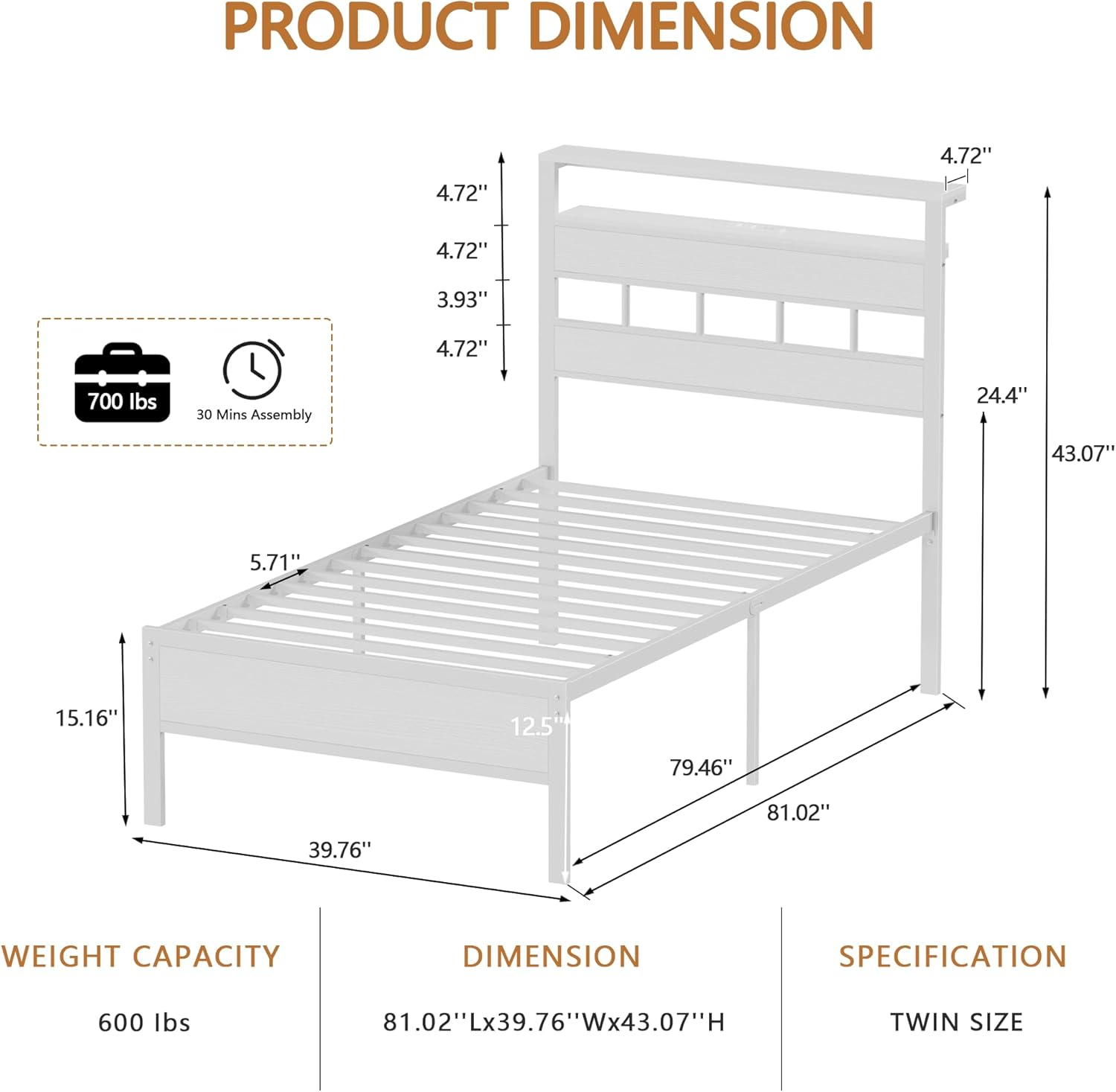 Furnulem Twin Bed Frame with LED Lights & Charging Station, Wood Headboard with Storage, No Box Spring Needed