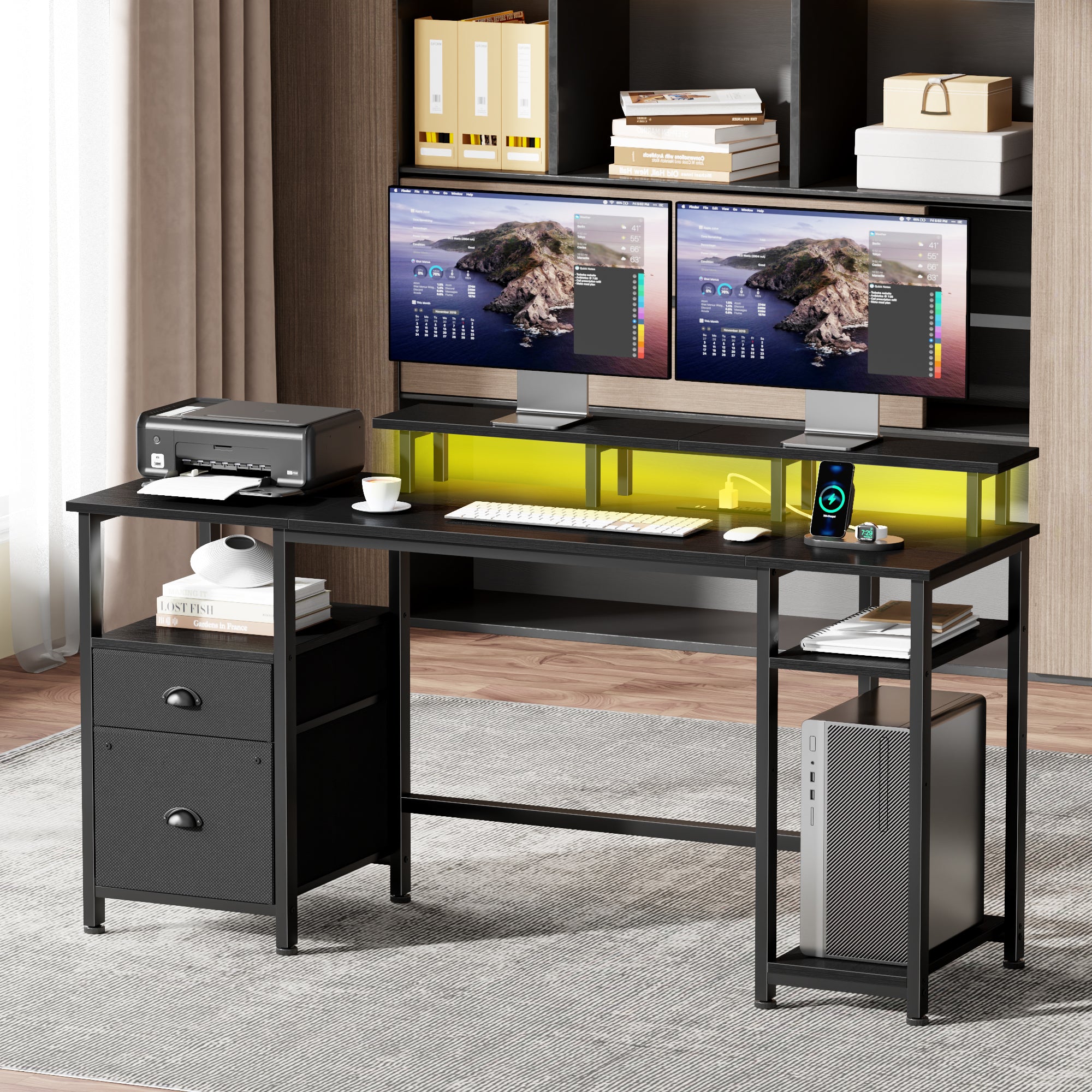 61 Inch Black Computer Desk with Charging Station Reversible Gaming Desk LED Lights File Cabinet Monitor Stand Storage Shelves Home Office