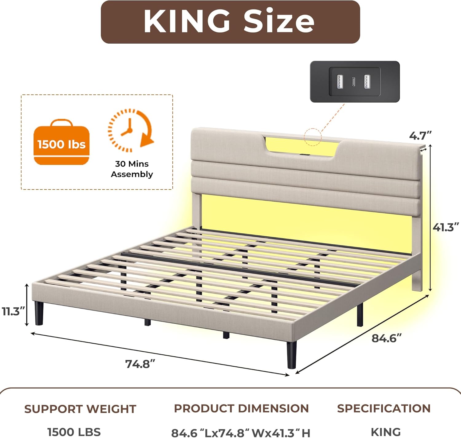 Furnulem King Size Bed Frames with Upholstered Headboard Modern Platform Bed with Charging Station and Led Lights Bed Frame with Sturdy Wooden Slats