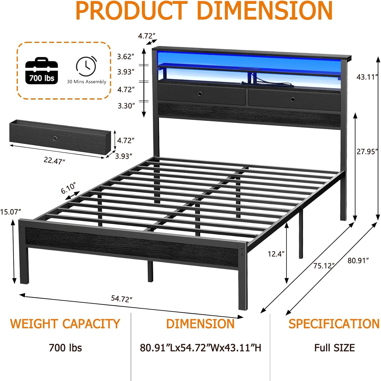 Furnulem Full Size Bed Frame with Headboard 2 Fabric Drawers Bed Featuring LED Lights Built-in Charging Station Storage Shelves No Box Spring Needed