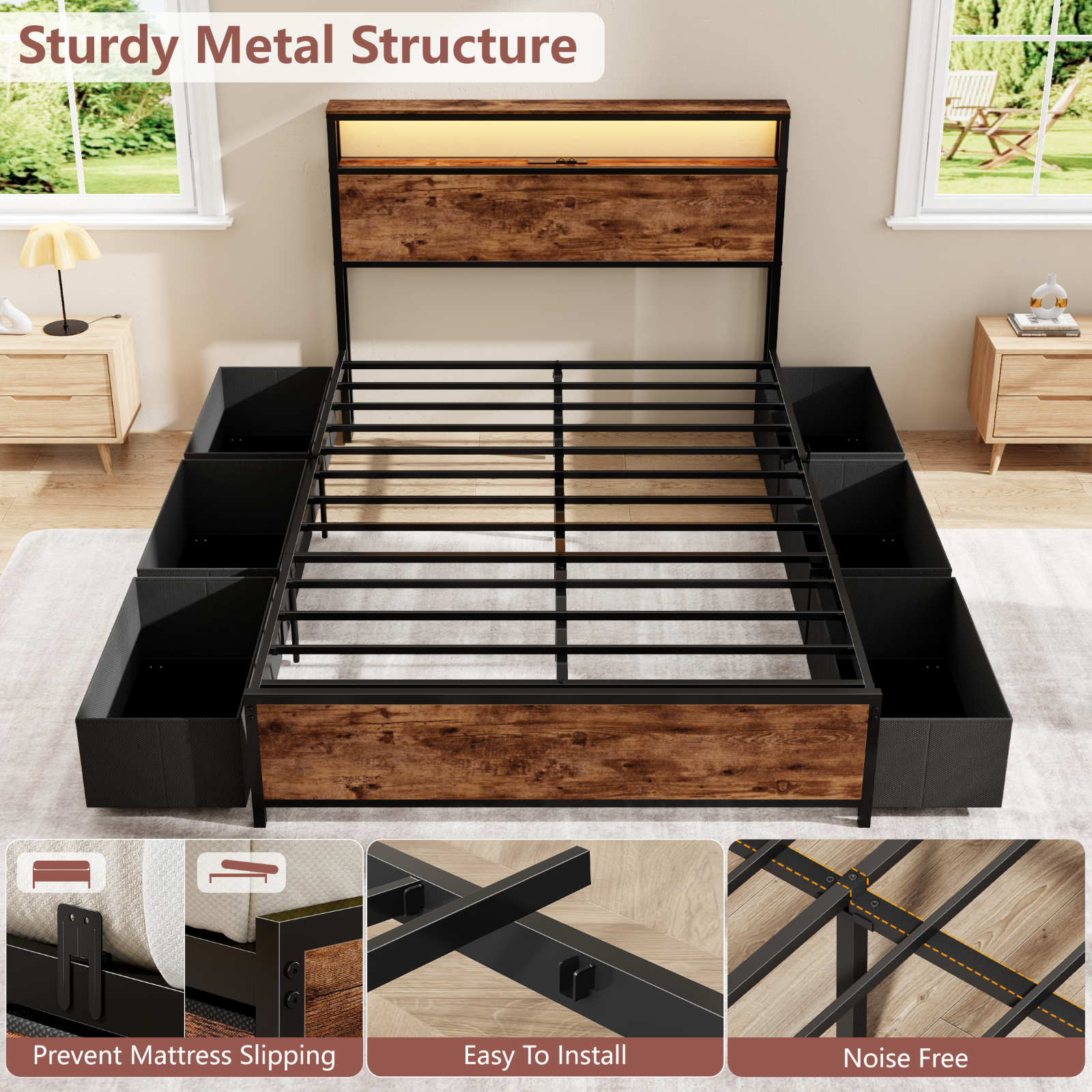 Queen Bed Frame with 6 Storage Drawers Metal Platform Bed Frame with 2-Tier Storage Headboard LED Built in Charging Station No Box Spring Needed